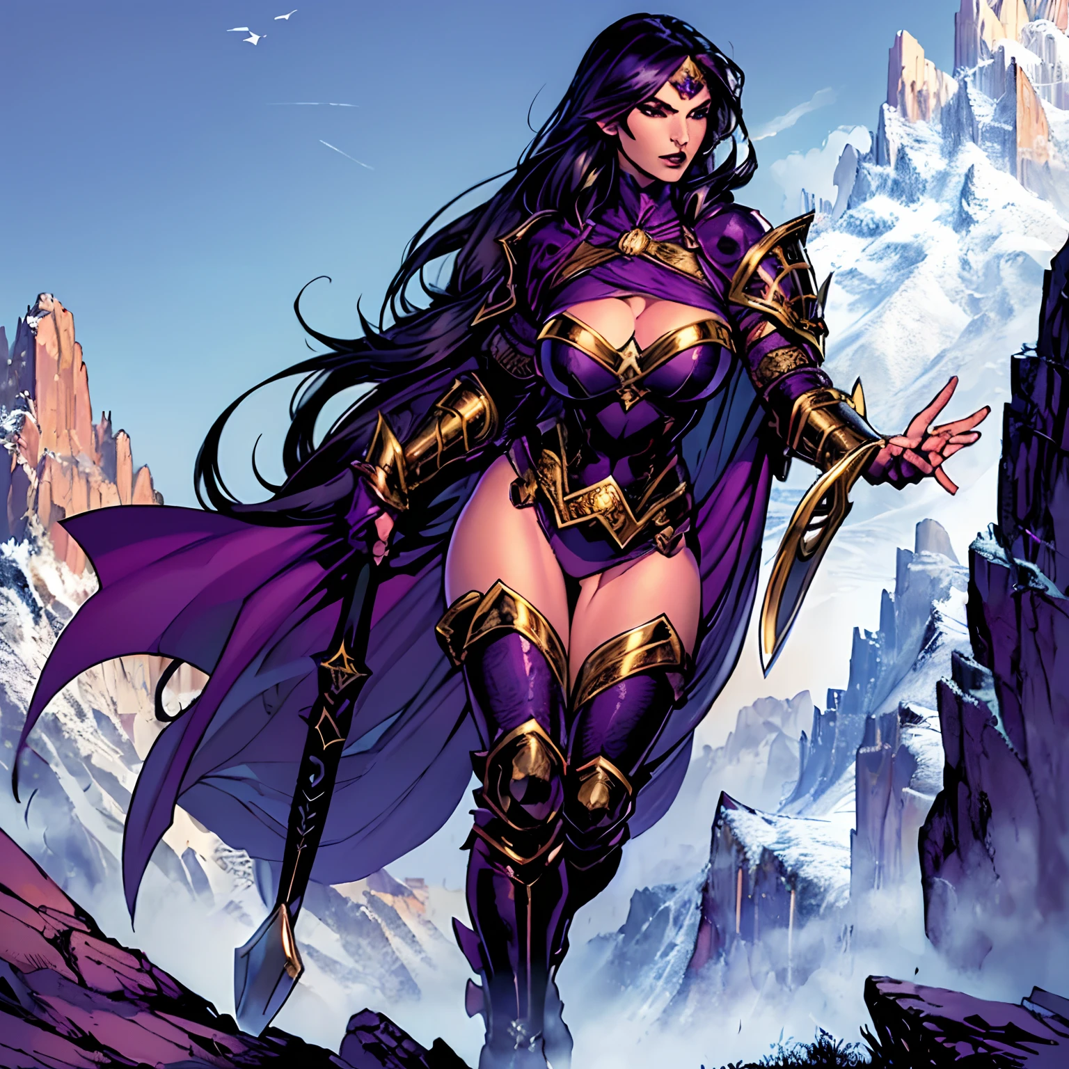 (masterpiece, top quality, best quality, official art, beautiful and aesthetic:1.2), (1girl:1.3), long black hair, drow, ((purple skin)), extremely detailed, portrait, looking at viewer, solo, (full body:0.6), detailed background, close up, (cold night mountain theme:1.1), dark elf gladiatrix, charlatan, smirk, mysterious, walking in mountains, revealing gladiatrix armor, gold bikini armor, cowl, metal bikini, long boots, dual knives, violet fabric, black leather, gigantic breasts, slim waist, slim hips, long legs, medieval (mountain exterior:1.1) background, dark mysterious lighting, shadows, magical atmosphere, dutch angle