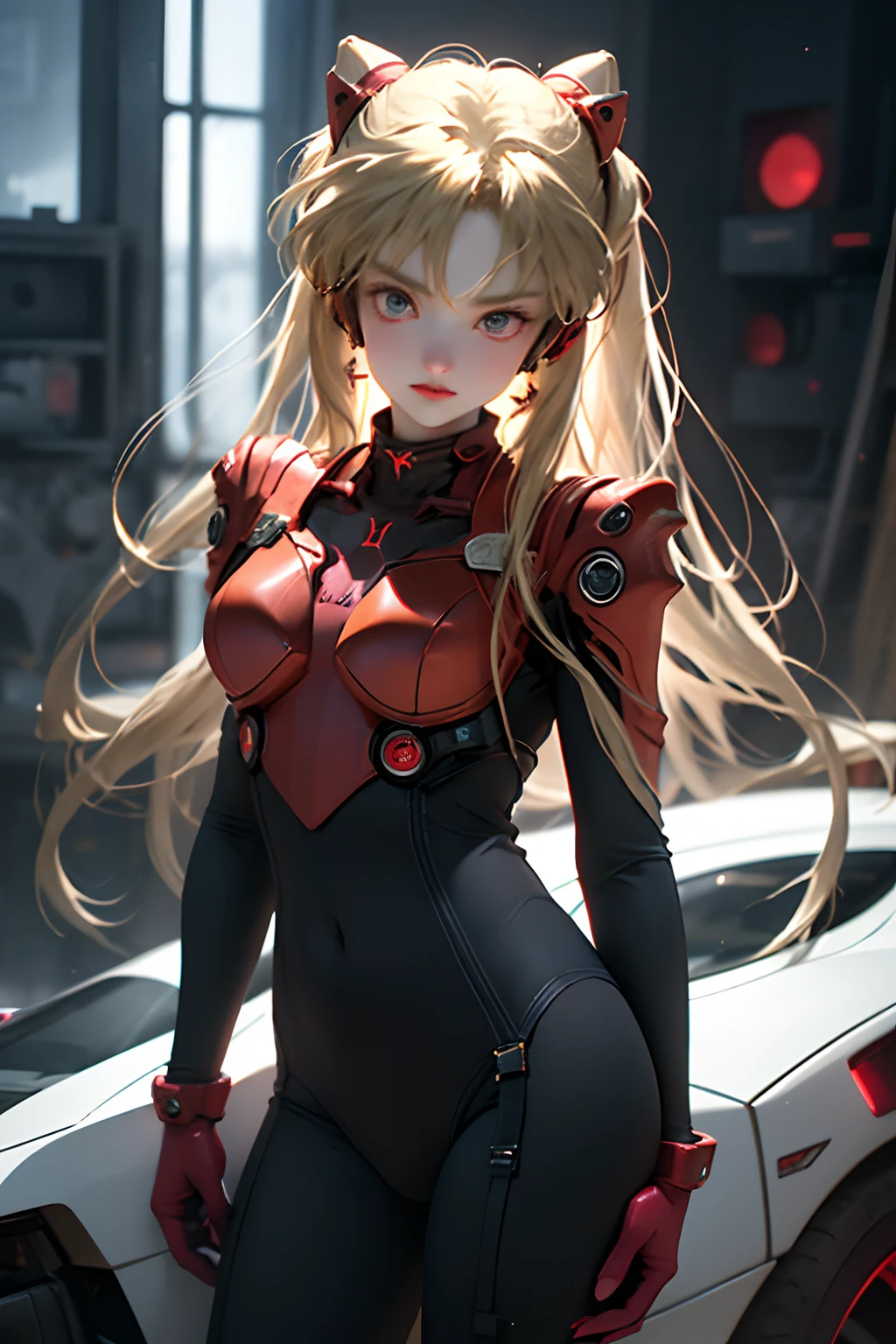 (Overhead view),dynamic angle,ultra-detailed, illustration, close-up, straight on, 1girl, 
 ((souryuu asuka langley, interface headset, red bodysuit:1.4, blonde)),Her eyes shone like dreamy stars,(glowing eyes:1.233),(beautiful and detailed eyes:1.1),(expressionless,closed mouth),(standing), 
(mechanic room with toolsand spaceship windowin a white SPACESHIP),
(night:1.2),dreamy, [[delicate fingers and hands:0.55]::0.85],(detail fingers),