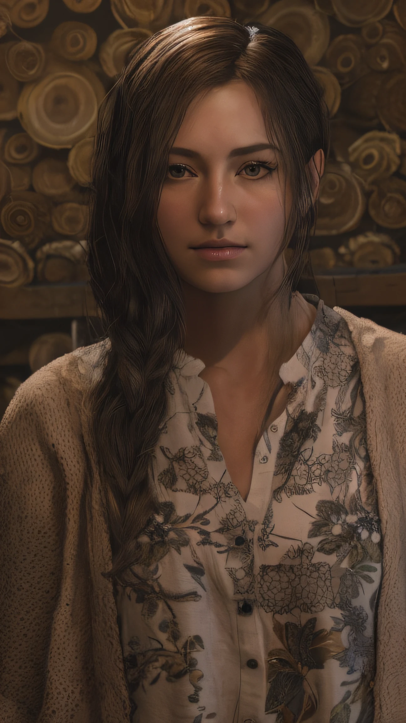 arafed woman with long hair and a white shirt in a room, female lead character, cinematic bust shot, cinematic close-up bust shot, 8k portrait render, cinematic realistic portrait, character close up, female character, ellie (last of us), detailed cinematic render, close up character, render of mirabel madrigal, cinematic bust portrait