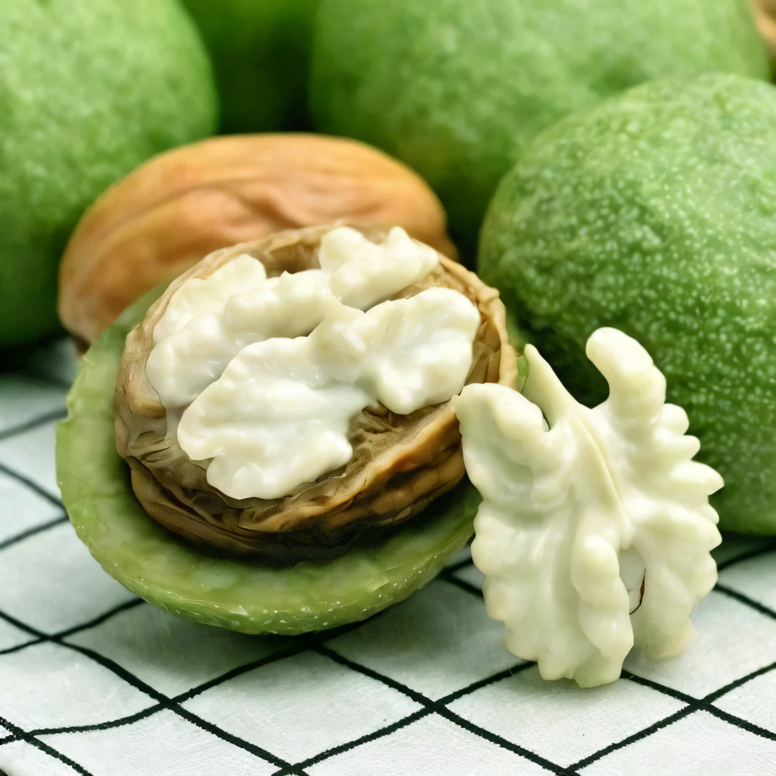 There is a walnut shell and a green-skinned walnut and some green-skinned walnuts, 1/320, 1/30, 240p, nut, Surreal alien ribbed white walnut core, 1/60, 1 / 8 0 seconds, 1 / 1 2 5, 1/125, A detailed, 🐿🍸🍋