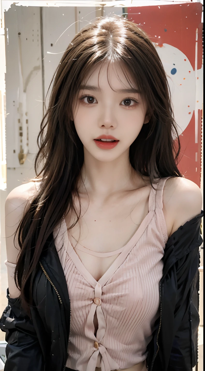 (((1girl))), hands up, brown long hair, tank-top, jacket, open shoulder, cowboy shot, bikini, medium breast, red background, open mouth, stick out her tongue out at viewers, red eyes, flushed,