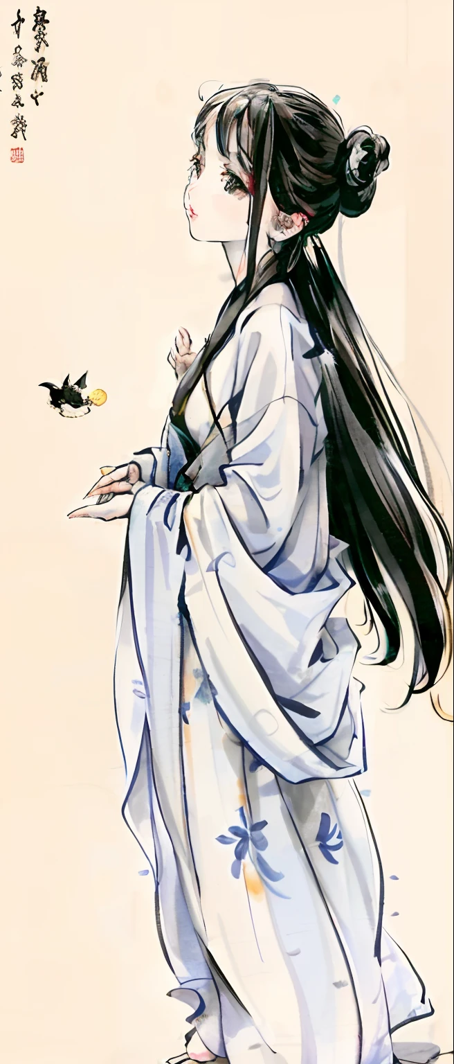 ((4K,Masterpiece,Best quality)), water ink, Traditional Chinese painting, lotuses, Hanfu, 1 rapariga, 独奏, whaite hair, long whitr hair, hor ears, white colors, There are fish, Many fish are close to the girl, looking at viewert, Titillating,tmasterpiece,Need,The best beautiful girl,Extremely beautiful,World Masterpiece Theatre,super-fine,Need,Superb high resolution,Need,1girll,Need,illustratio,looking at viewert
