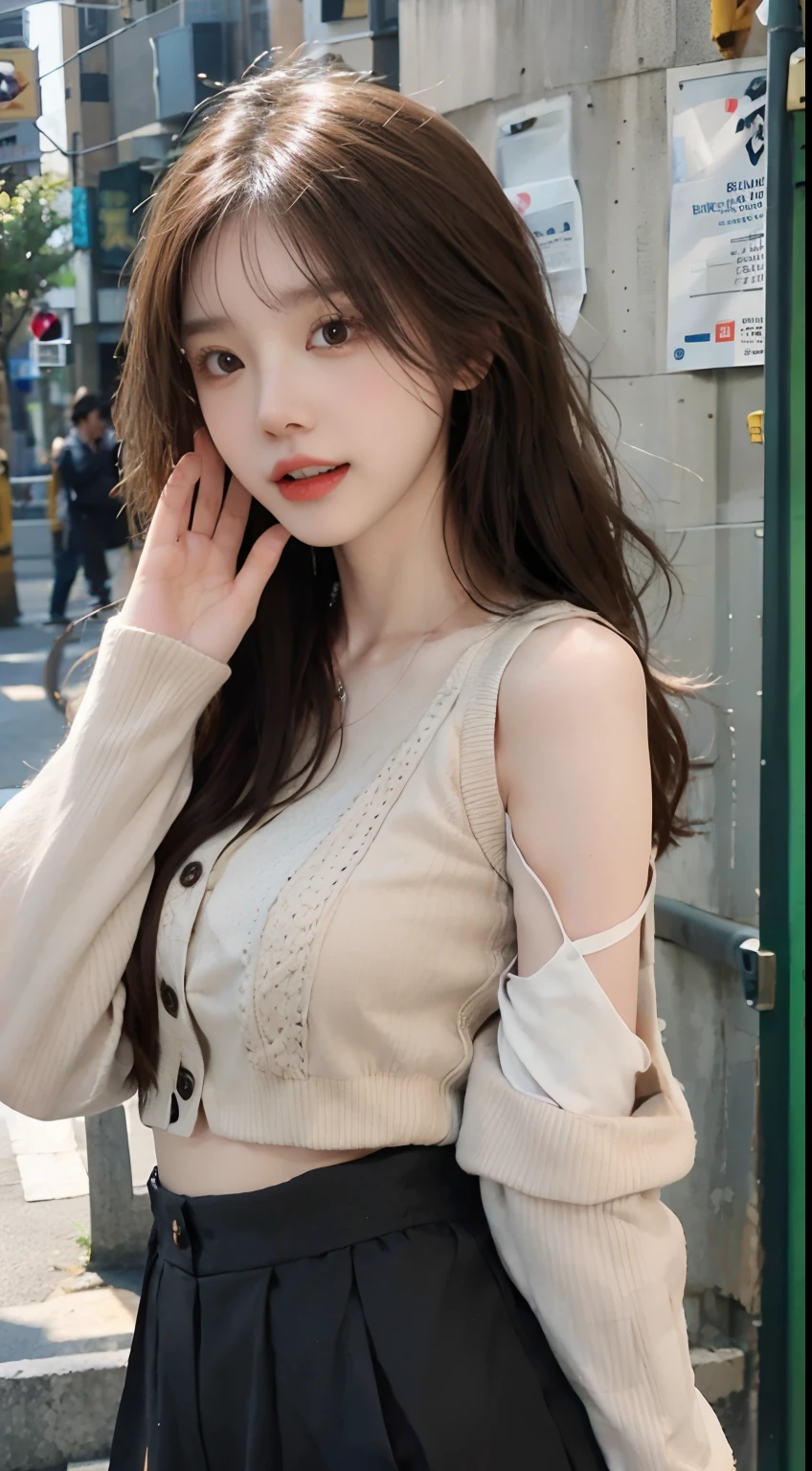 (((1girll))), Raise both hands, Brown hair long, vests, jaket, cropped shoulders, cowboy lens, 比基尼, mediuml breasts, white backgrounid, with her mouth open, Stick your tongue out to the audience, red eyes, Be red in the face,