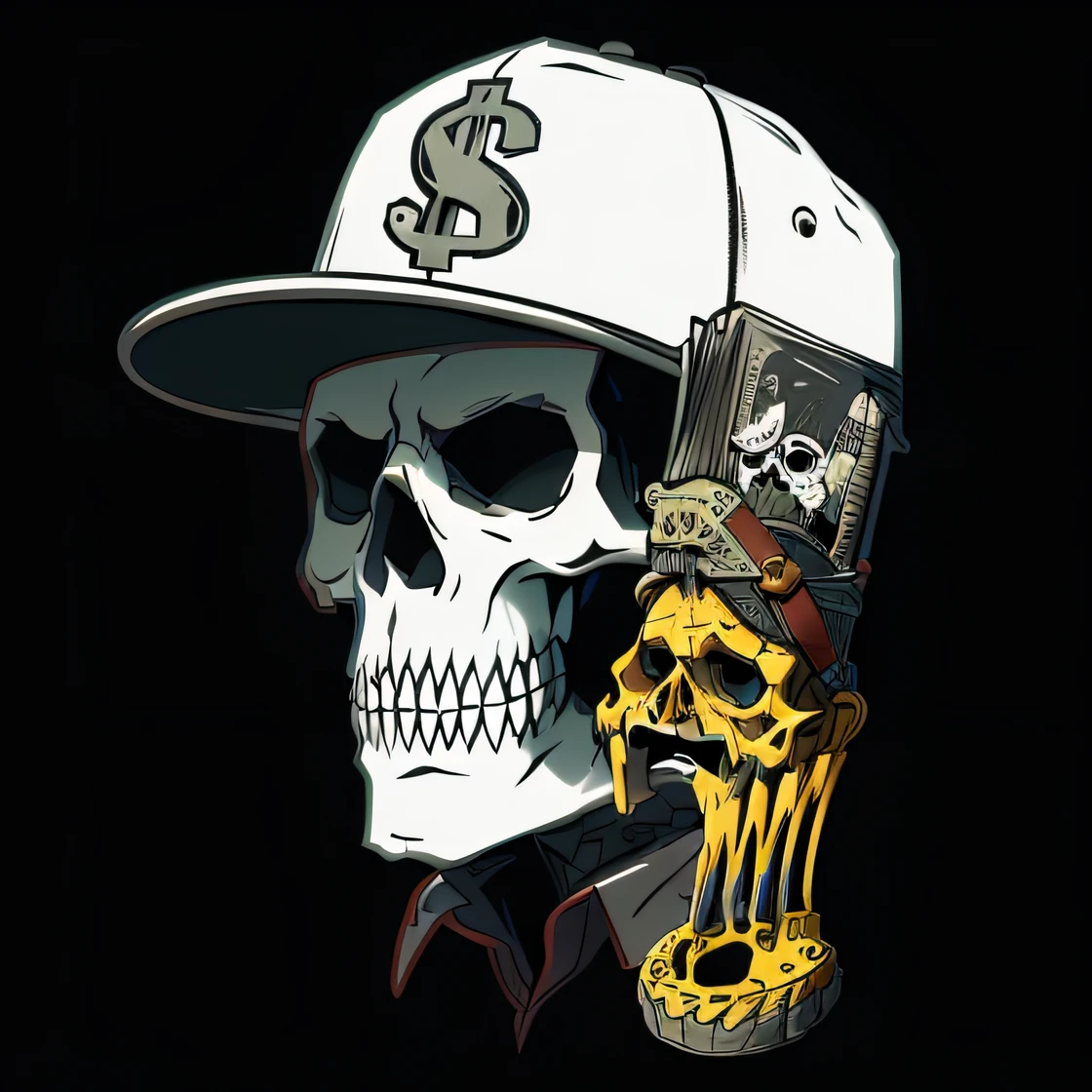 The skull on the baseball cap holds the phone to his ear, skull design for a rock band, Illustration of Macbeth, style of hydro74, skelleton, drawing of a skull, line art illustration, clean detailed art, Sketch style, outline art, High quality sketch art, ((skull)), black and white vector art, Skull head, skull on the screen