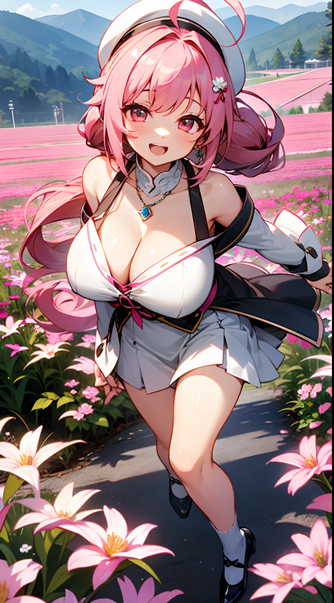 1 girl, game CG, white clothes, cleavage visible, shoulders visible, short white skirt, white beret, jewel pendant, black shoes, gigantic breasts, pink hair, long hair, hair up, princess hairstyle, ahoge , pink eyes, smile, open mouth, ropeway, mountain, flower field,