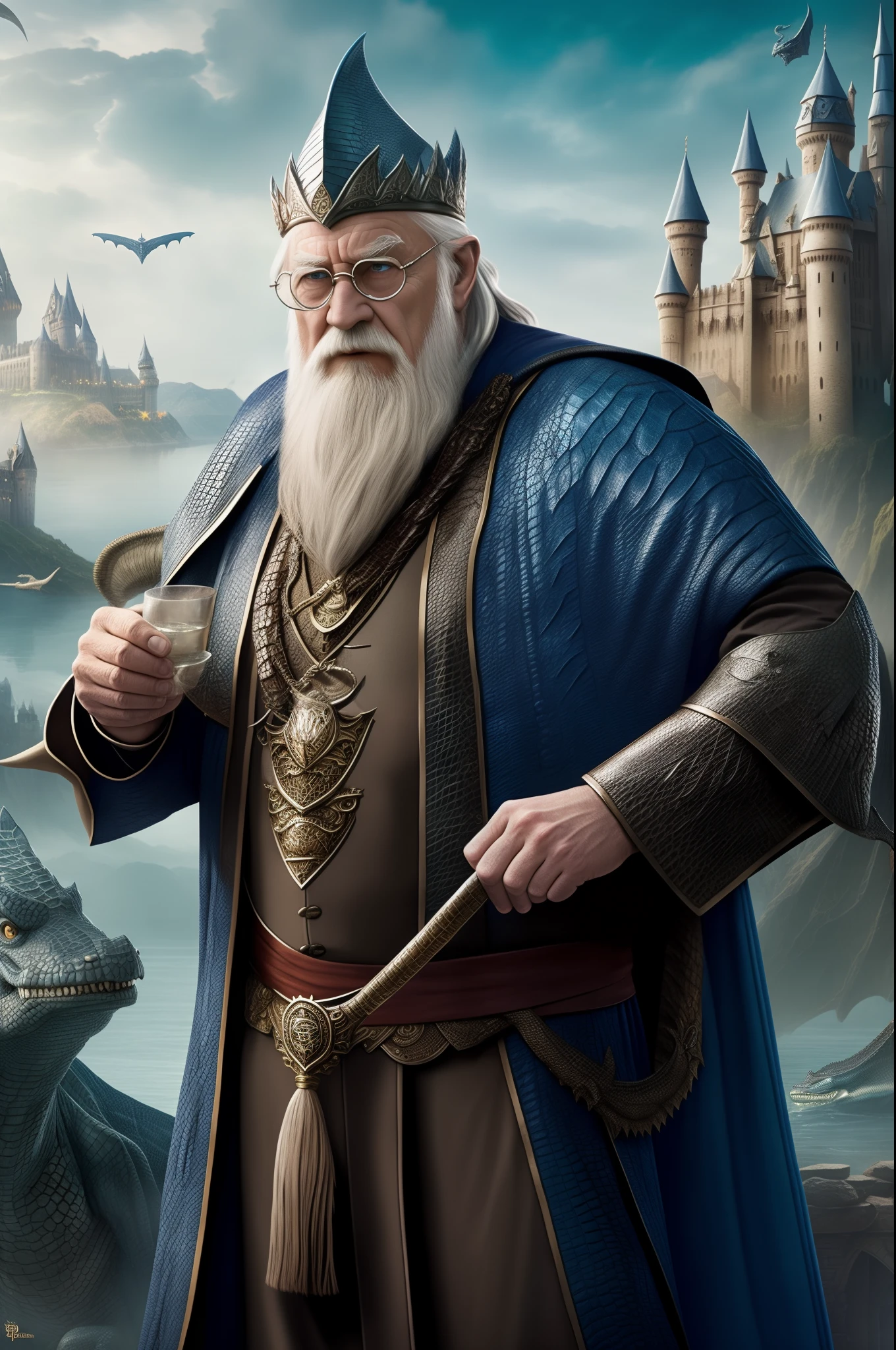 dumbledore,a old man,Big chest,wearing an outfit,Wearing crocodile dragon armor,Wearing a crocodile head hat,Muscle men ,Wear half-moon glasses,Realiy,background castle,Blue whale in hand