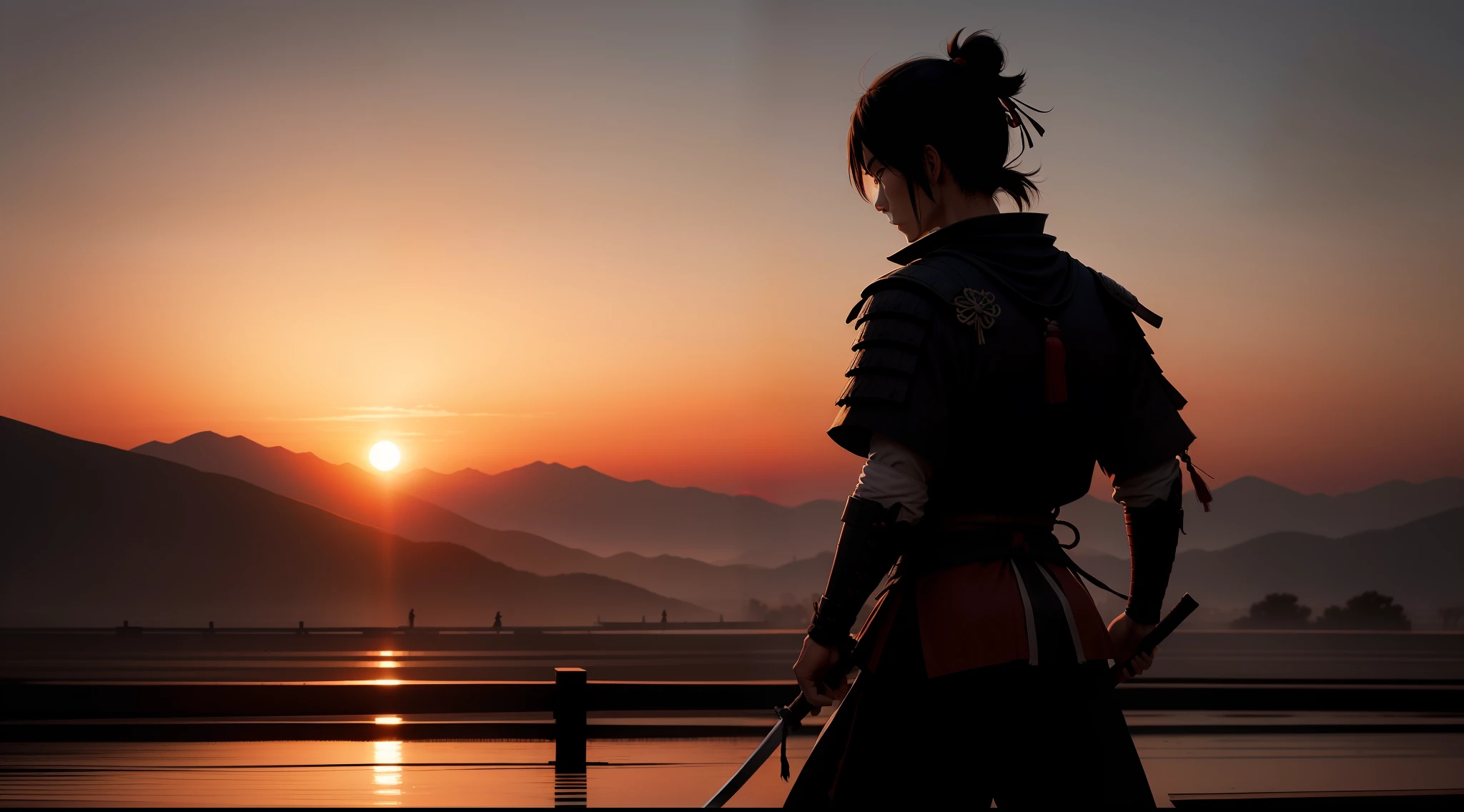 A lone samurai silhouette practicing at sunrise