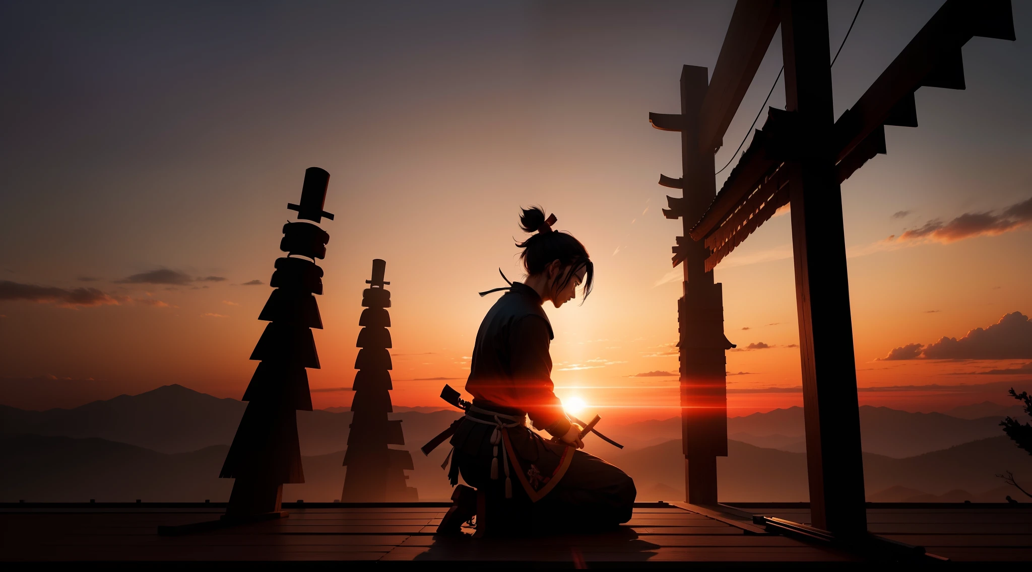 A lone samurai silhouette practicing at sunrise