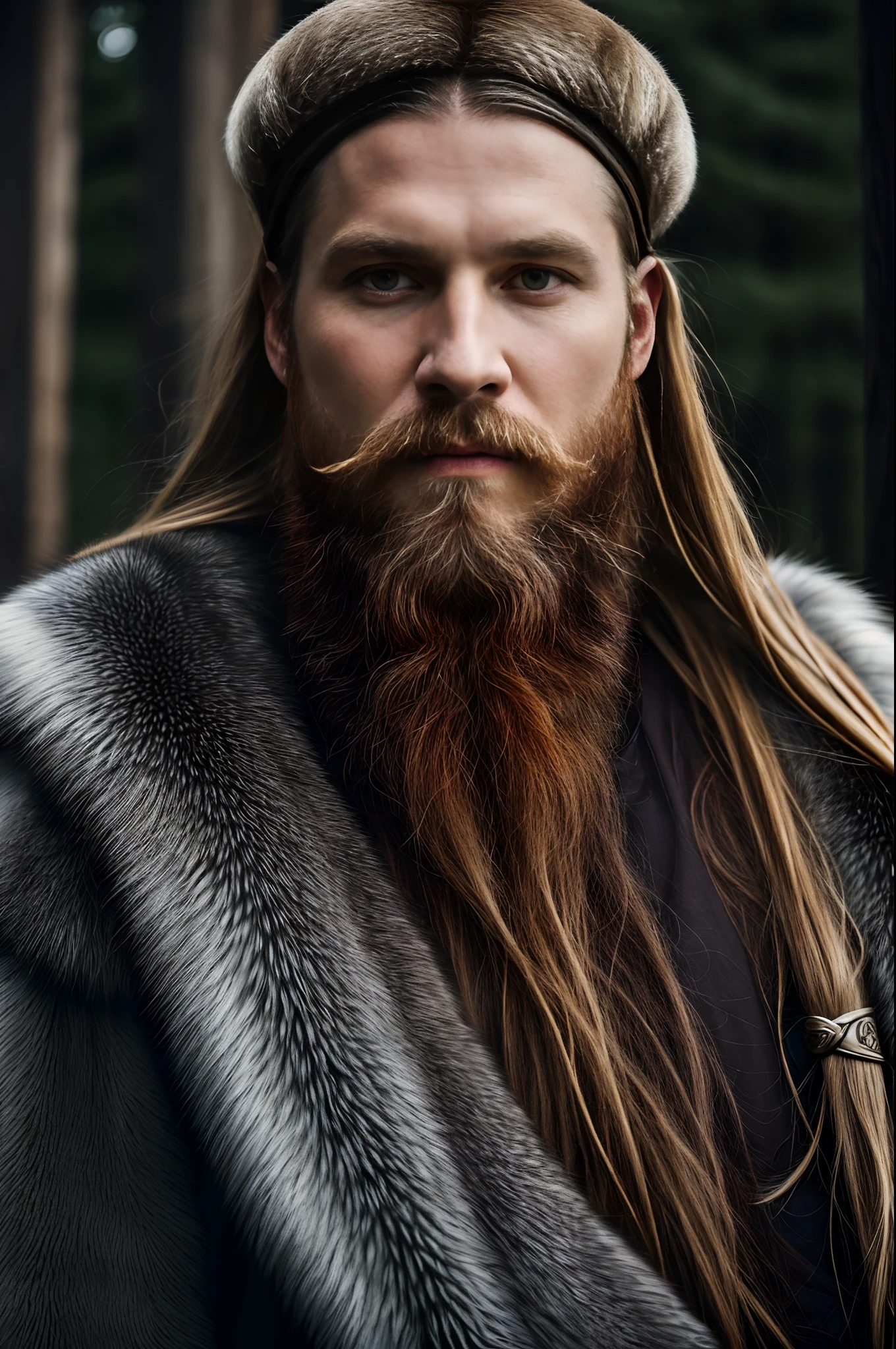 A man with a long beard and a fur coat looks at the camera, portrait of a viking, viking king, Cinematic shots of epic portraits, epic viking king, viking warrior, Long braided Viking beard, Viking beard, tuomas korpi and wlop, norse warrior, portrait shot 8 k, ancient viking warrior, picture of an adult male warrior