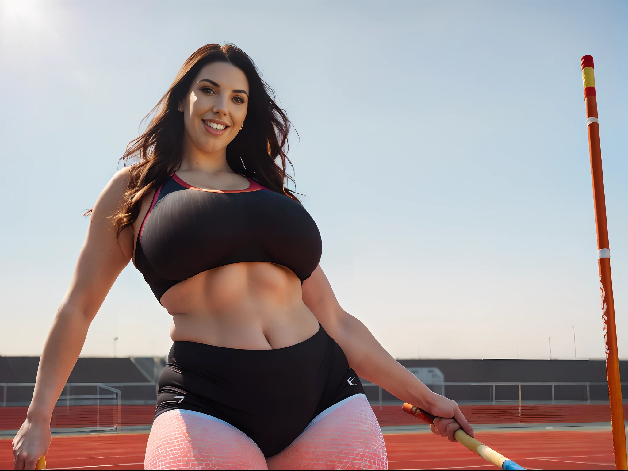 beautiful woman, very similar to Angela White (28 years old, good skin, good eyes, nice smile (sexy mouth), good teeth, good hair, huge breasts ((uniformity, good anatomy, hyperreal, photorealistic, real textures)) wearing women's clothes, clothes sportswear, clothing (top, red bloomers ((inspired by JAV movies)) practicing pole vaulting on athletics track, intense blue sky ((natural lighting, warm colors, sunny day, deep shadows, deep blacks, equalized exposure)), Canon EOS R7 quality Agfa film, RAW, HDR, analog photo, high granularity, sharp focus, high contrast, vivid colors, UHD) POV (full photo, full body, pose model)