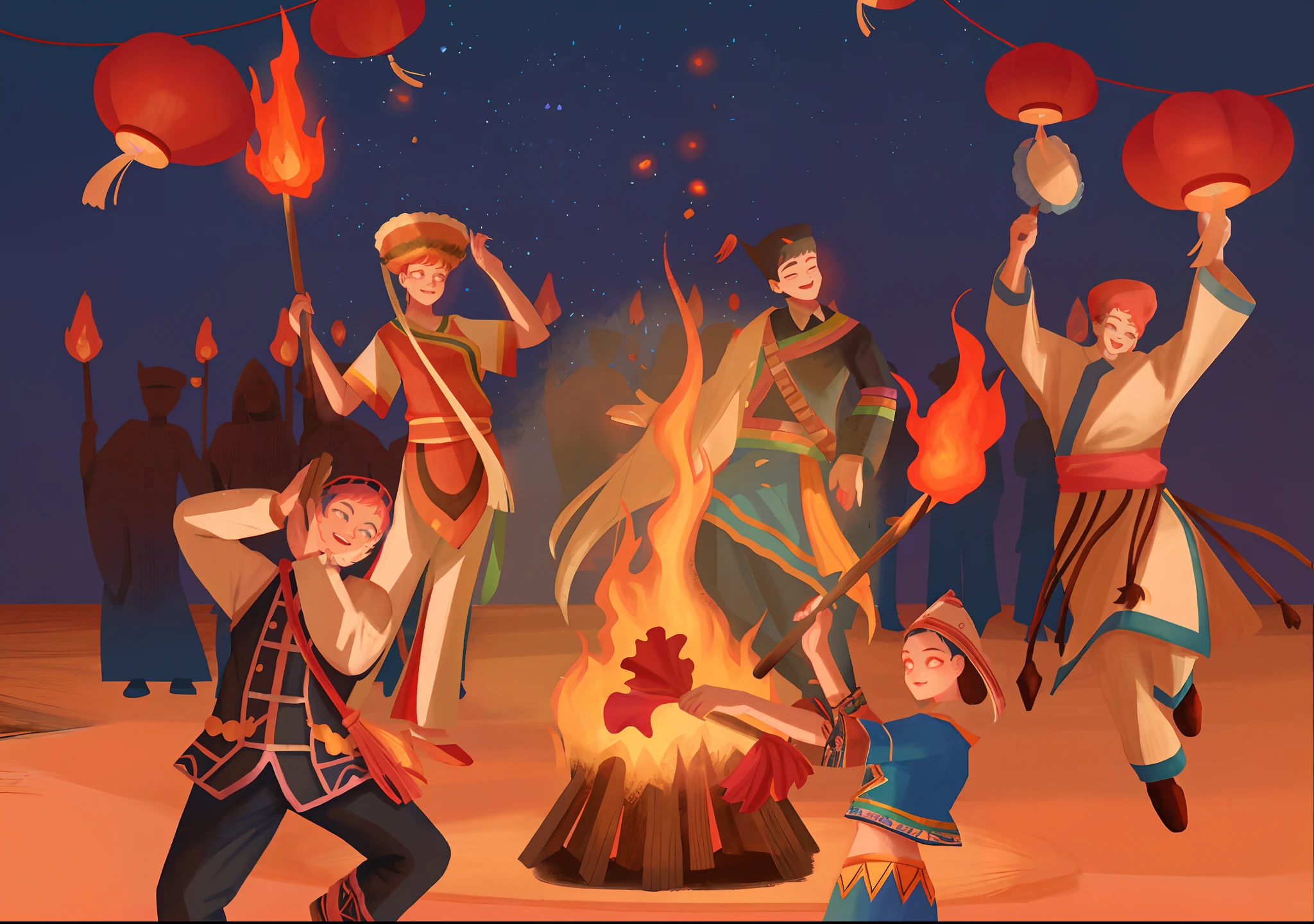 Cartoon illustration of a group of people dancing around a campfire, Game illustration, Stylized digital illustration, Digital illustration, jen bartel, dancing around a fire, background artwork, Colorful illustration, Digital illustration, warm and joyful atmosphere, detailed digital illustration, folkloric illustration, Fanart, illustrative art, illustratio, A beautiful artwork illustration, illustration!