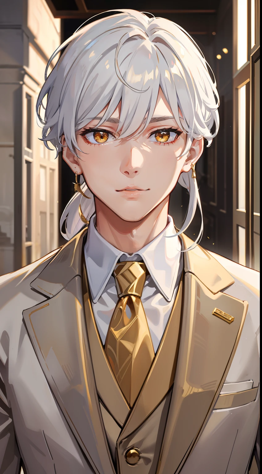 Grown-up guy, white colored hair, high ponytail, golden eyes, white suit with gold elements, Masterpiece, hiquality