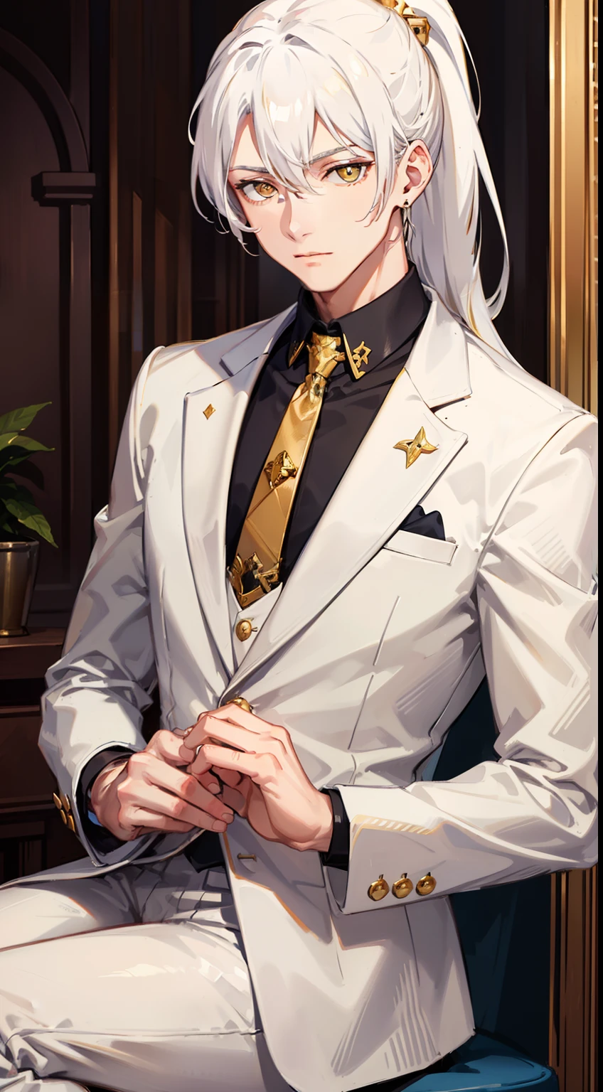 Grown-up guy, white colored hair, high ponytail, golden eyes, white suit with gold elements, Masterpiece, hiquality