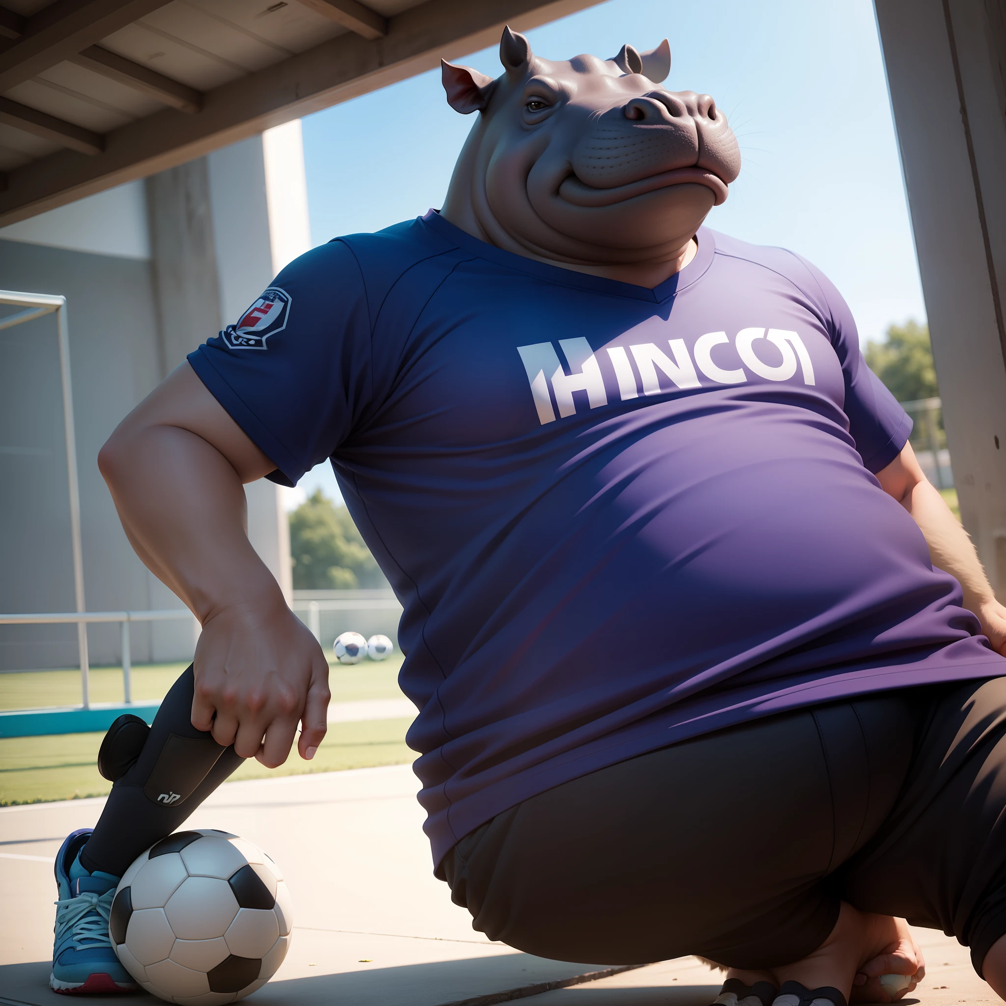 hippo with soccer uniform, minimalist
