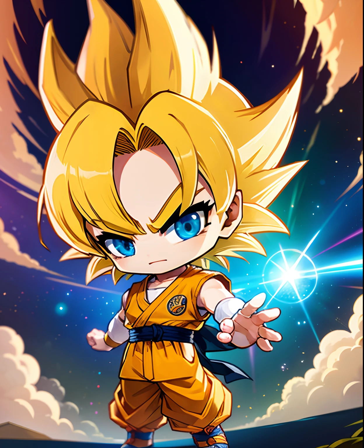 best quality, masterpiece,  Son_Goku_\(Dragon Ball\), Super saiyan, solo, cute face, chibi, best ratio for fingers and one thumb, Yellow hair, white collar, white sleeves,