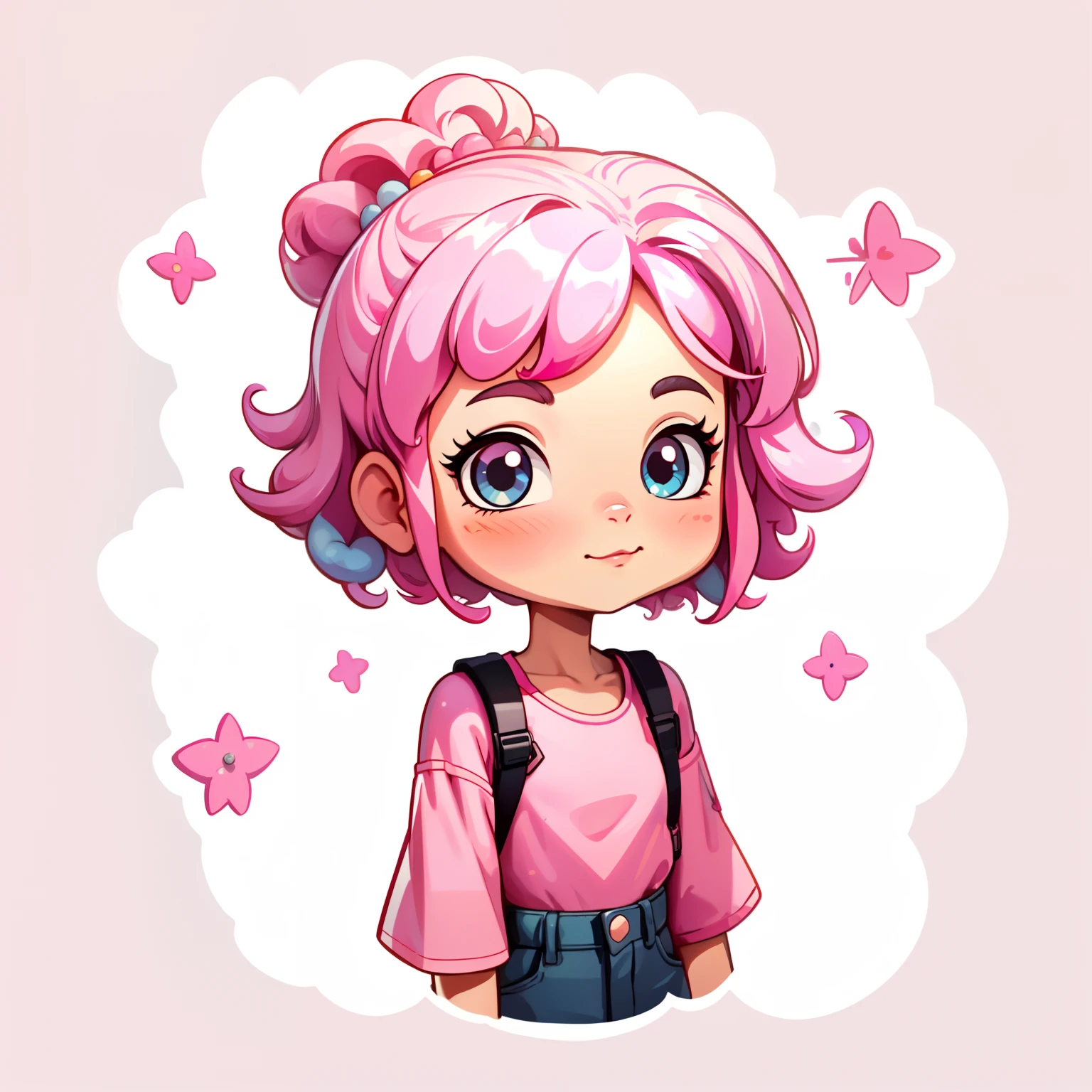 a sticker，1girll，simple backgound，Pink top，A pink-haired，