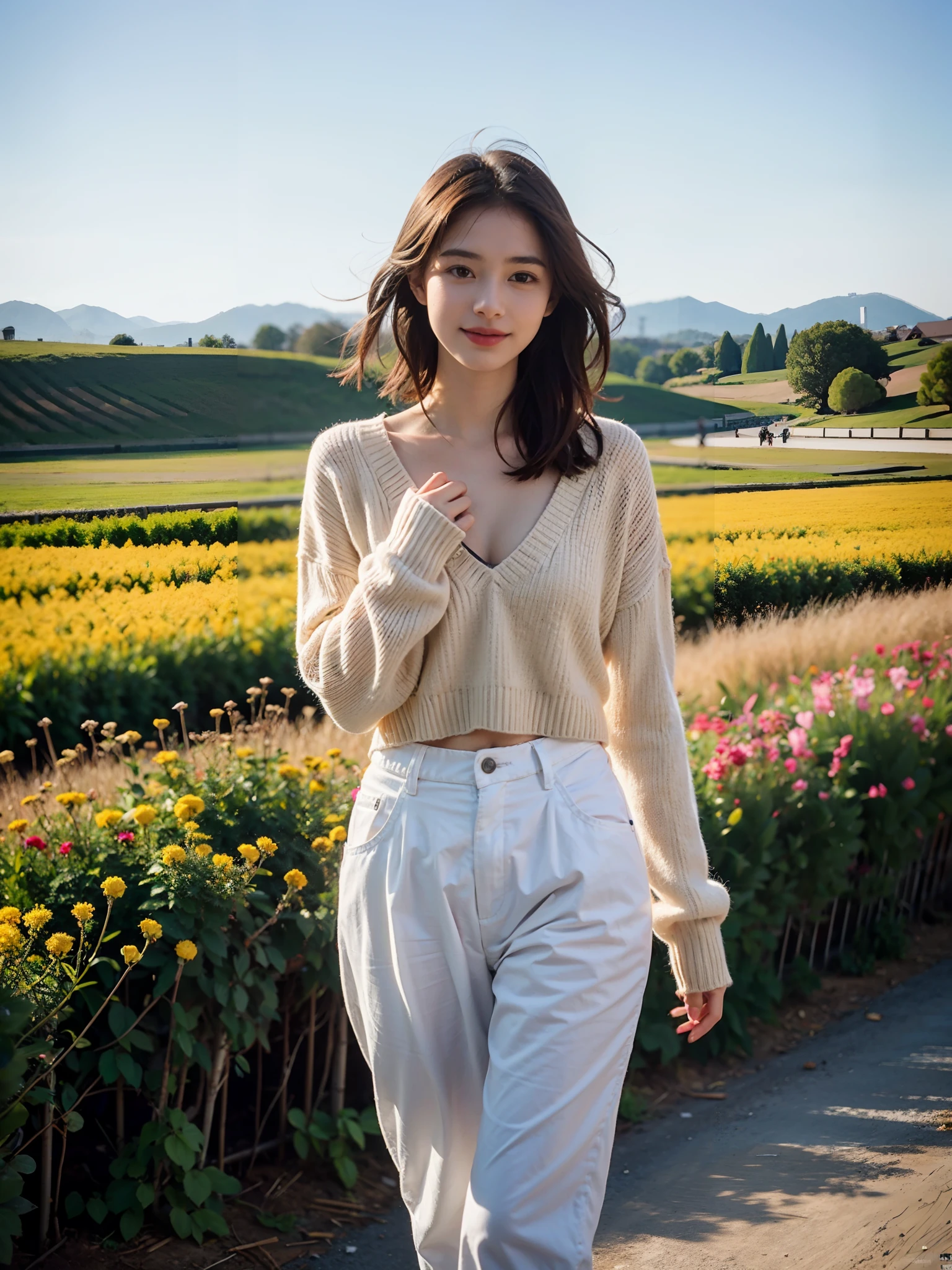 A beautyful girl,18yr old,(solo:1.2),Sweaters,(Delicate sweater details:1.4),closeup cleavage,realisticlying,(Advanced lighting effects:1.2),(full bodyesbian:1.4),shorter pants,White cloth shoes,standing on your feet, short detailed hair, photorealestic, photography of, (A high resolution), (realisticlying:1.4), (very intricate), (exquisitedetails), Original, Extremely detailed 8k wallpaper, best qualtiy, 详细的脸, ultra - detailed, RAW photogr, realisticlying, (thigh gap:1.5),ssmile,exteriors,wheat field,(eventide:1.2),