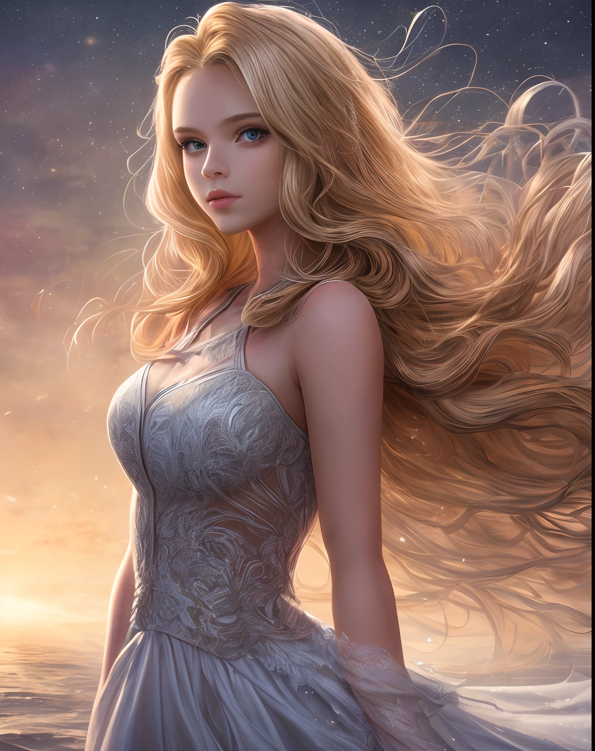 (best quality, masterpiece), young woman, pose, particle, wind, flower, upper body, simple background, looking at viewer, long curly windblown blonde hair, galaxy,backlit,rimlight,beautiful artwork,perfect composition