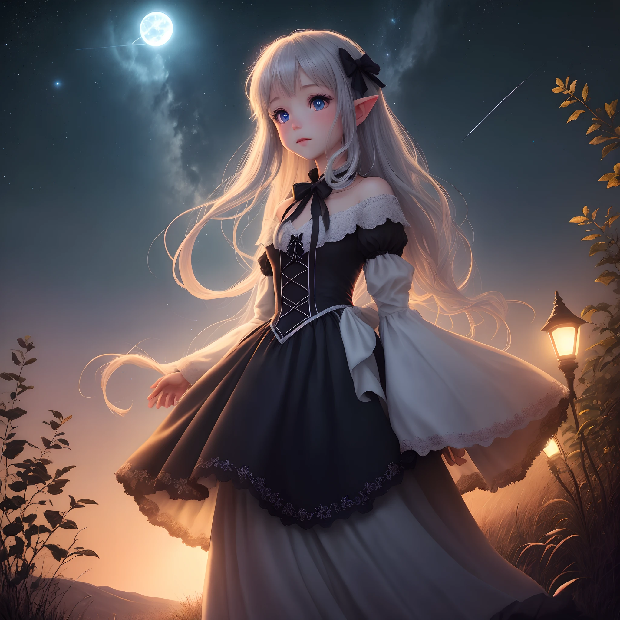 A dark sky with the light of night shine9 in the moonlight of a fairy's eyes