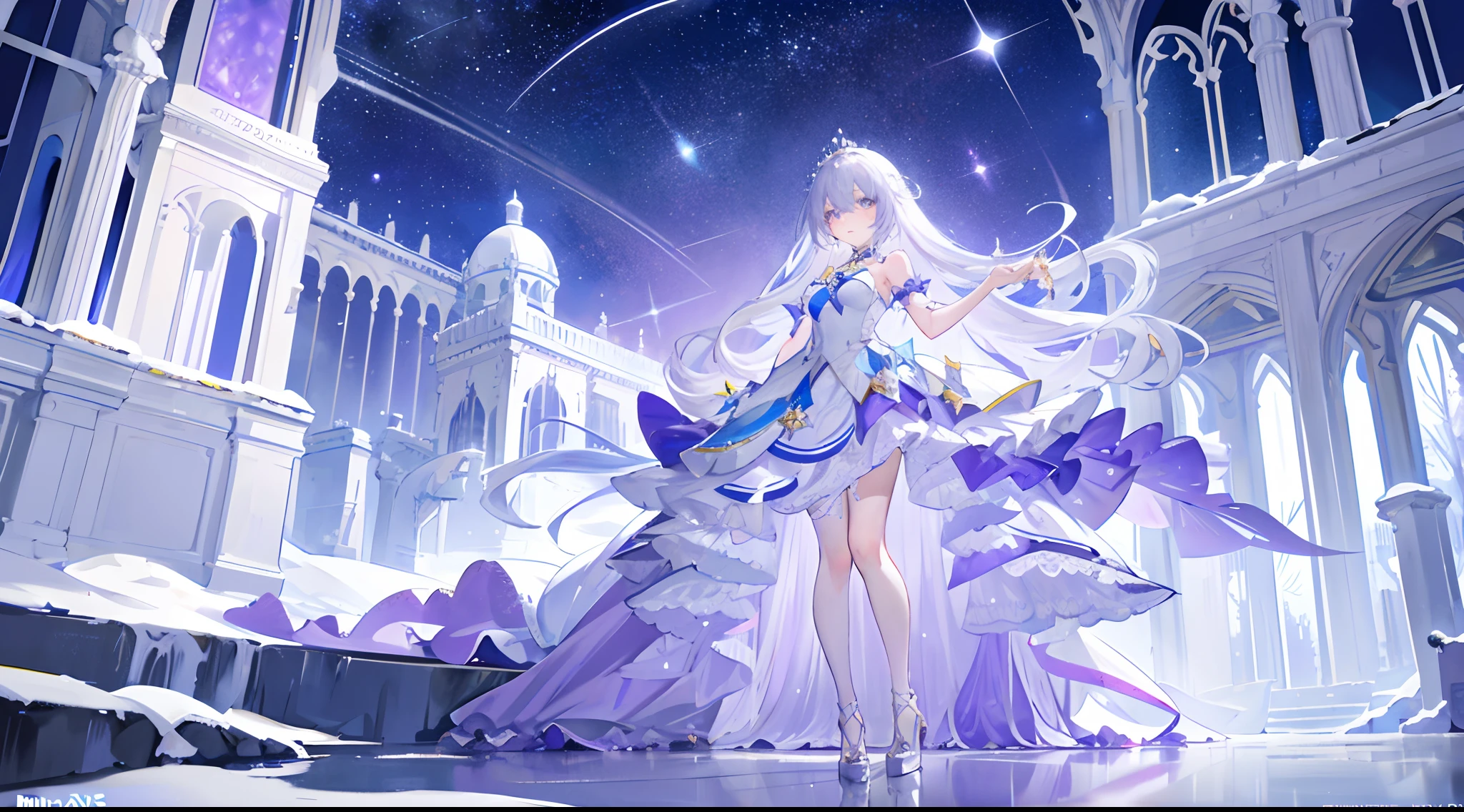 A teenage girl，long and flowing hair，Milky lilac gradient hair color，Lilac pupils，Wear gorgeous princess dresses，high-heels，Stand in the snow，Behind it is a silver-white castle covered in snow，Starry sky at night，meteor shower，galactic，k hd，