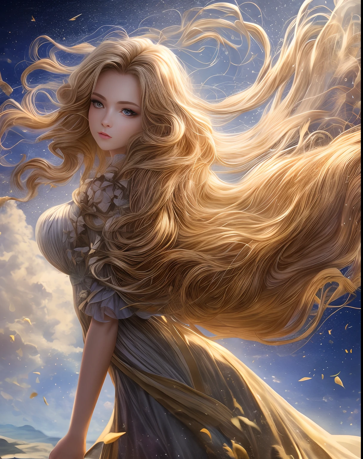 (best quality, masterpiece), young woman, pose, particle, wind, flower, upper body, simple background, looking at viewer, long curly windblown blonde hair, galaxy,backlit,rimlight,beautiful artwork,perfect composition