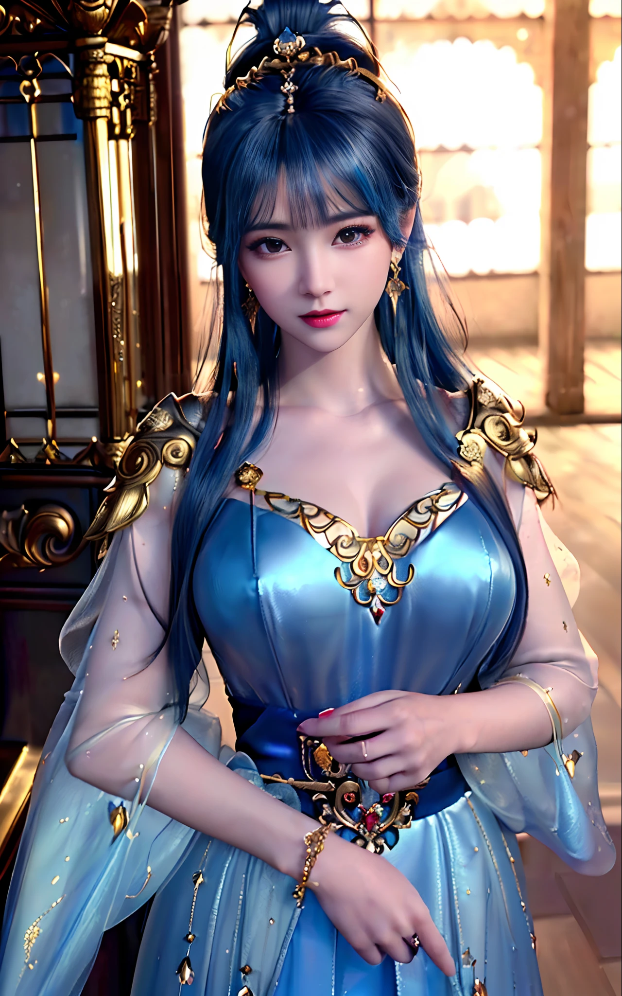 ((realisticity: 1.2)), ((best resolution: 8K UHD)), best quality,masterpiece,highres,cg,
((1 super detailed and super realistic girl)), ((very beautiful queen dazzling, super realistic, and super detailed)),((white skin, beautiful, smooth, youthful, super realistic and super detailed
)), long hair, ((super realistic and super detailed dress)), solo, ((super realistic, super beautiful, gorgeous and super detailed jewelry)), ((super beautiful, super realistic and super detailed dark red and golden yellow dress)),
((super beautiful, super realistic, super detailed diamond filled earrings)),
((super beautiful, super realistic and super detailed diamond filled hair ornament)), ((super beautiful upper body, super beautiful, super realistic and super detailed)), ((big breasts: 2.5)),
((super grand, super realistic and super detailed royal palace backgroun))
((super beautiful, super beautiful, super realistic and super detailed hair bun)), ((super beautiful, super realistic and super detailed blue hair)),
candid, Photograph, high resolution, 8k,Bokeh,