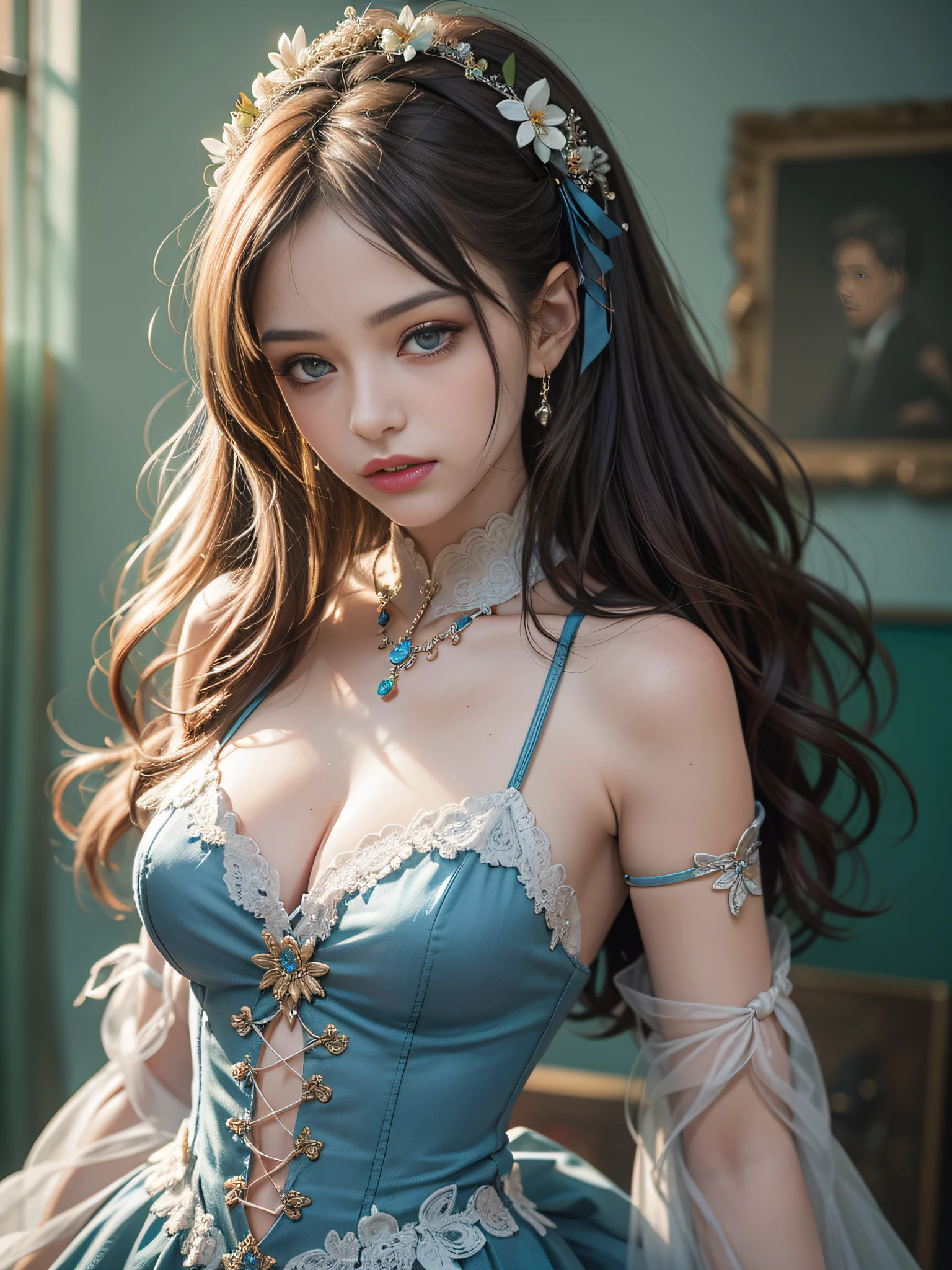 A cute beautiful girl,lovely and delicate,Peerless beauty,Fine hair accessories,Pitying,(messy hair),Costume dressed in lace,Supple skin,Fashionab,A delicate painting,Clover hairpins,Blue,Ultra-high image quality,8k,depth of fields,(Macro lens),Ambient lighting,high light,Upper body Animationstyle,Comics,Highquality Above waist