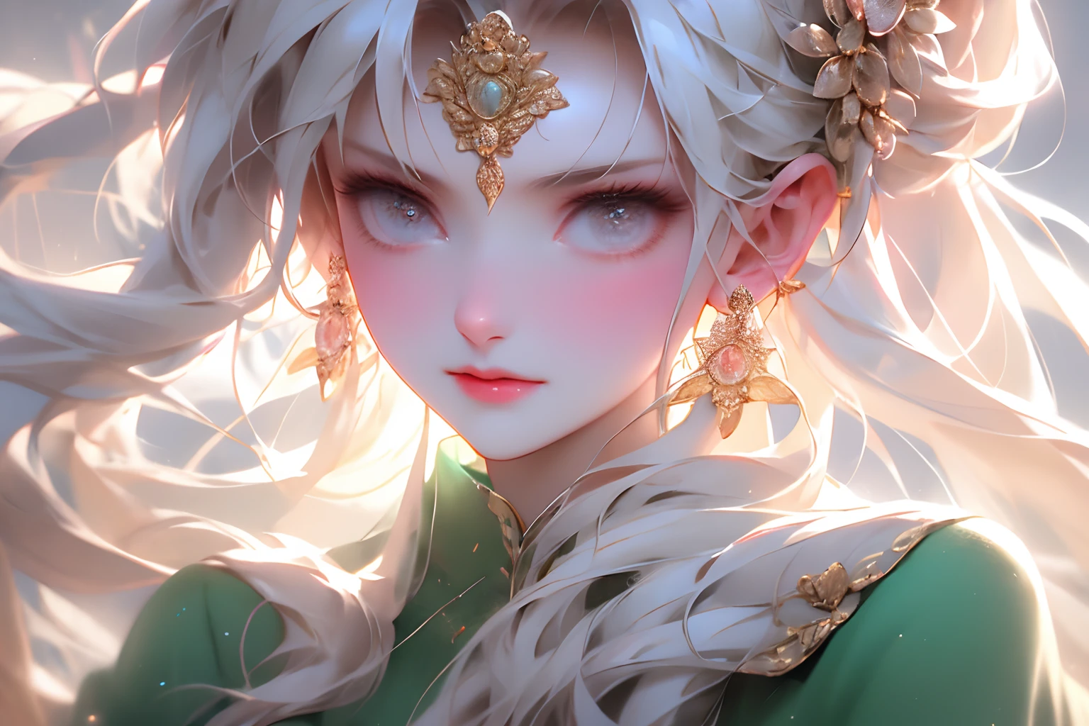 There is a girl in a green dress, plum blossoms, palaces, oriental architecture ray tracing, {best quality}, {{masterpiece}}, extremely detailed 8K wallpaper, {an extremely delicate and beautiful}, colorful, intricately detailed, Realistic, real, camera quality, (detailed depiction of clothes), cool white skin, (detailed depiction of blush), 1080p, sun, soft cuteness, smooth light silver hair, messy beauty, lighting, broken feeling, bright and silky skin , 3D stereoscopic, masterpiece, best quality, super fine illustration, beautiful eyes, very fine light, fine glow, very fine 8K CG wallpaper, peach eyes, red pupils, an extremely delicate and beautiful girl, 8k Wallpaper, best quality, full body close-up, white long dress, luxurious silky bright red chiffon floodlight (magic, glitter, ultra-thin, soft,) Hanfu