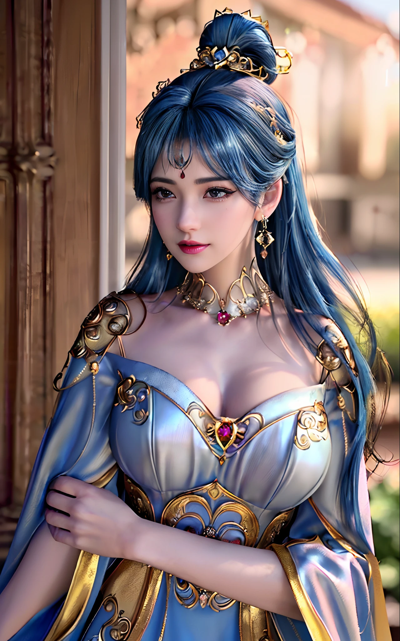 ((realisticity: 1.2)), ((best resolution: 8K UHD)), best quality,masterpiece,highres,cg,
((1 super detailed and super realistic girl)), ((very beautiful queen dazzling, super realistic, and super detailed)),((white skin, beautiful, smooth, youthful, super realistic and super detailed
)), long hair, ((super realistic and super detailed dress)), solo, ((super realistic, super beautiful, gorgeous and super detailed jewelry)), ((super beautiful, super realistic and super detailed dark red and golden yellow dress)),
((super beautiful, super realistic, super detailed diamond filled earrings)),
  ((super beautiful, super realistic and super detailed diamond filled hair ornament)), ((super beautiful upper body, super beautiful, super realistic and super detailed)), ((big breasts: 2.5)), 
((super grand, super realistic and super detailed royal palace backgroun))
((super beautiful, super beautiful, super realistic and super detailed hair bun)), ((super beautiful, super realistic and super detailed blue hair)),
candid, Photograph, high resolution, 8k,Bokeh,