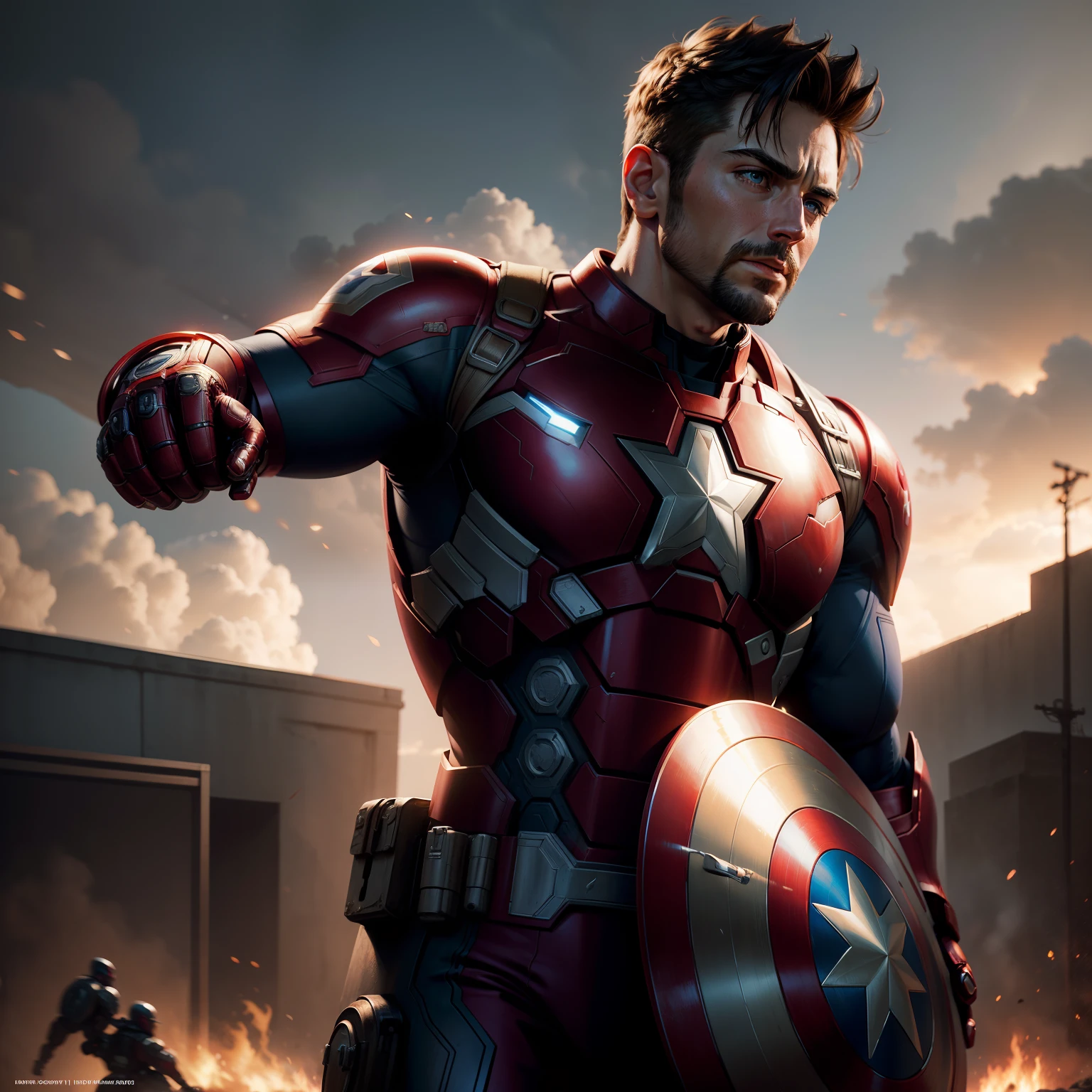 Captain America, wearing Marvel's Iron Man armor, without the helmet, War Scenery, HDR, Super Realistic, Hyper Realistic, Hyper Detailed, Highly Detailed, 4k, 8k, DSLR, Photo, Photo Realistic, Body integer, centered