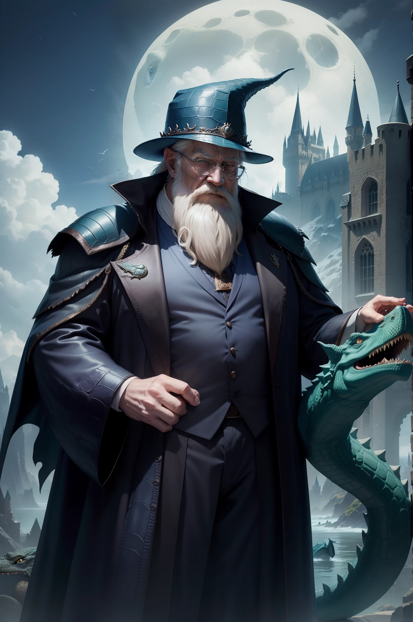 dumbledore,a old man,Big chest,wearing an outfit,Wearing crocodile dragon armor,Wearing a crocodile head hat,Muscle men ,Wear half-moon glasses,Realiy,background castle,Blue whale in hand