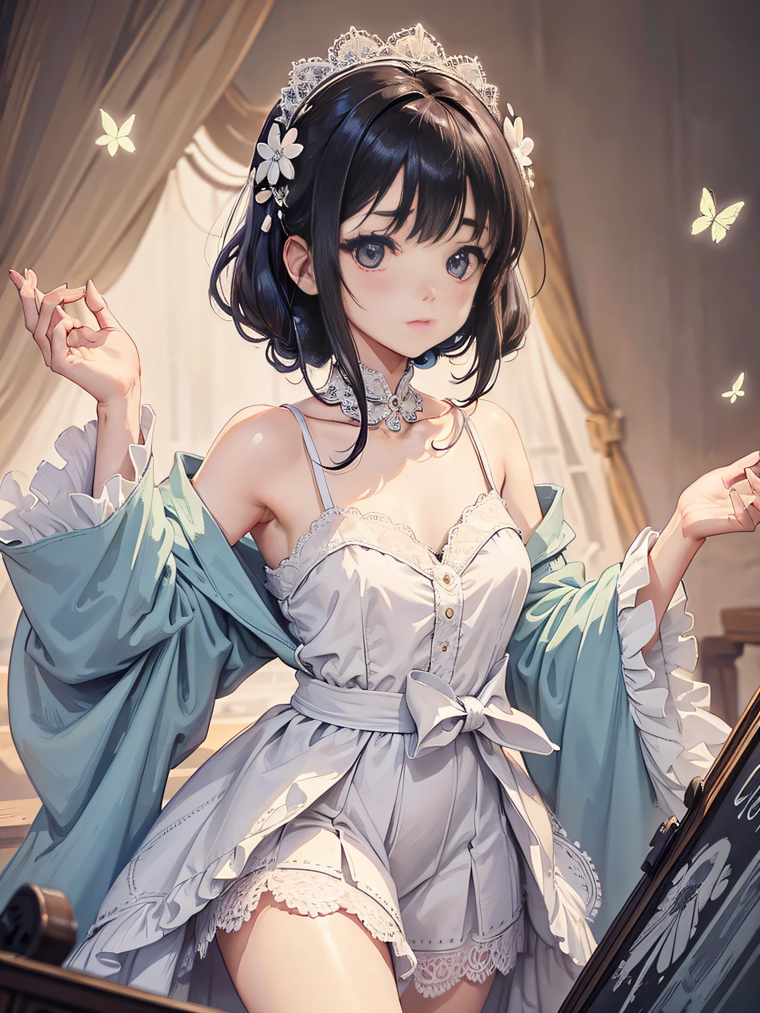 A cute beautiful girl,lovely and delicate,Peerless beauty,Fine hair accessories,Pitying,(messy hair),Costume dressed in lace,Supple skin,Fashionab,A delicate painting,Clover hairpins,Blue,Ultra-high image quality,8k,depth of fields,(Macro lens),Ambient lighting,high light,Upper body Animationstyle,Comics,Highquality Above waist