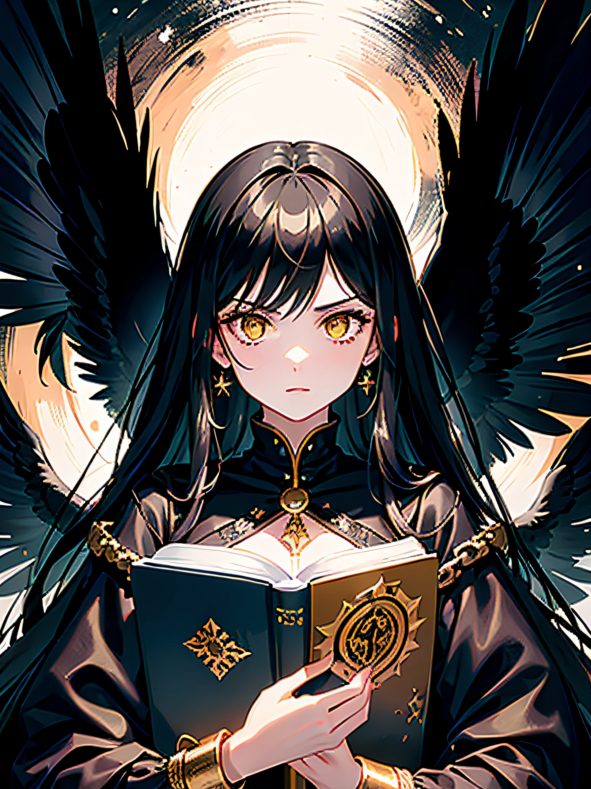 (((masterpiece)))
high quality, Flawless quality, WELL DETAILED FACE, amazing detail, amazing illustration, A beautiful gothic necromancer girl with long black hair, glowing yellow eyes, HOLDING A GLORY DARK COVER BOOK, post-apocalyptic DND style, glowing yellow eyes, face detailed, serious expression , HOLDING A BOOK IN A DARK COVER AND GLORY, chains scattered through clothes, A book of black magic held at the waist by chains, FACE DETAILED, dark background with black feathers flying, HOLDING A BOOK WITH A GROOM COVER
