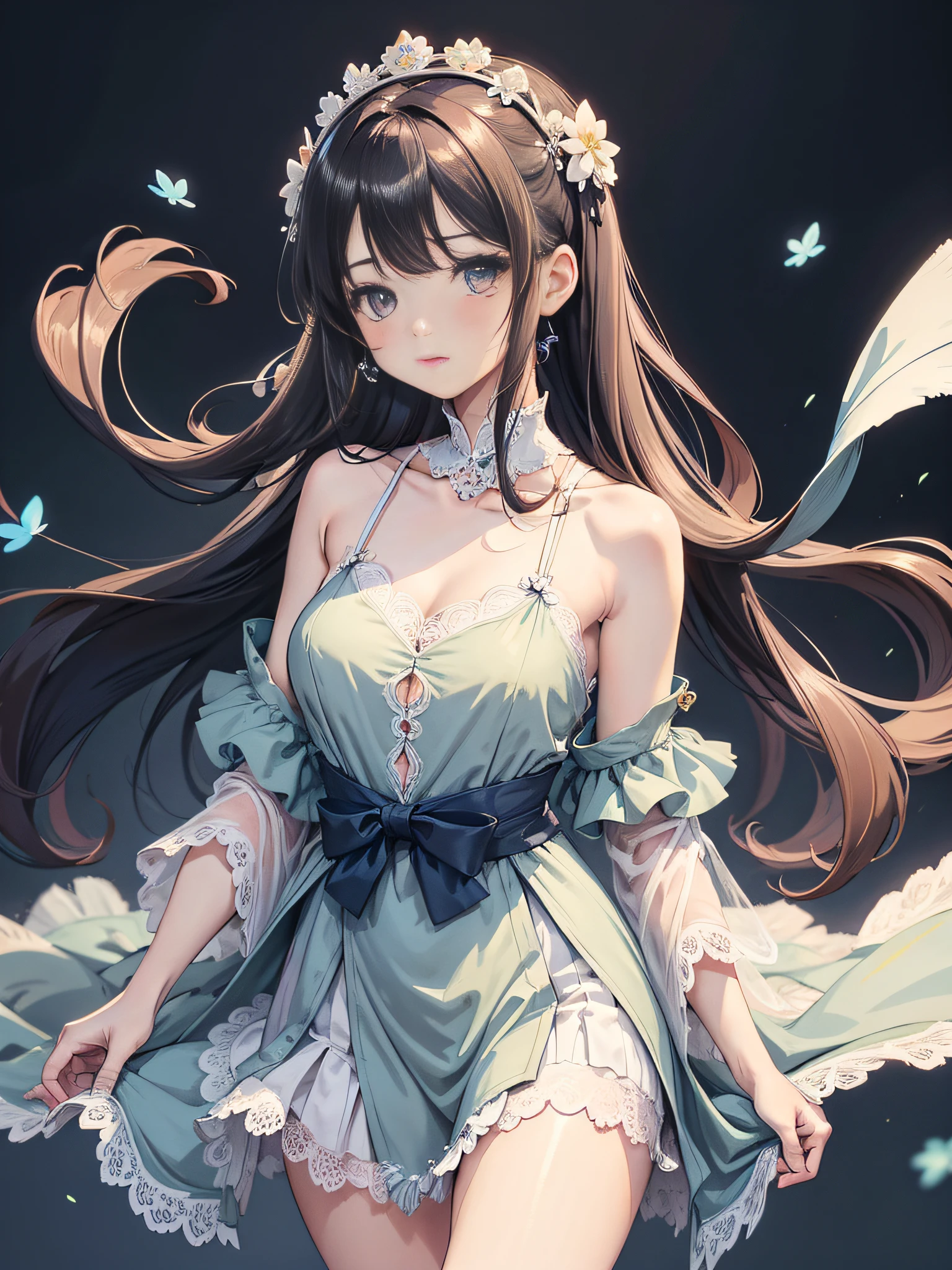 A cute beautiful girl，lovely and delicate，Peerless beauty，Fine hair accessories，Pitying，（messy  hair），Costume dressed in lace，Supple skin，Fashionab，A delicate painting，Clover hairpins，Blue，Ultra-high image quality，8k，depth of fields，（Macro lens），Ambient lighting，high light，Upper body Animationstyle,Comics,Highquality Above waist