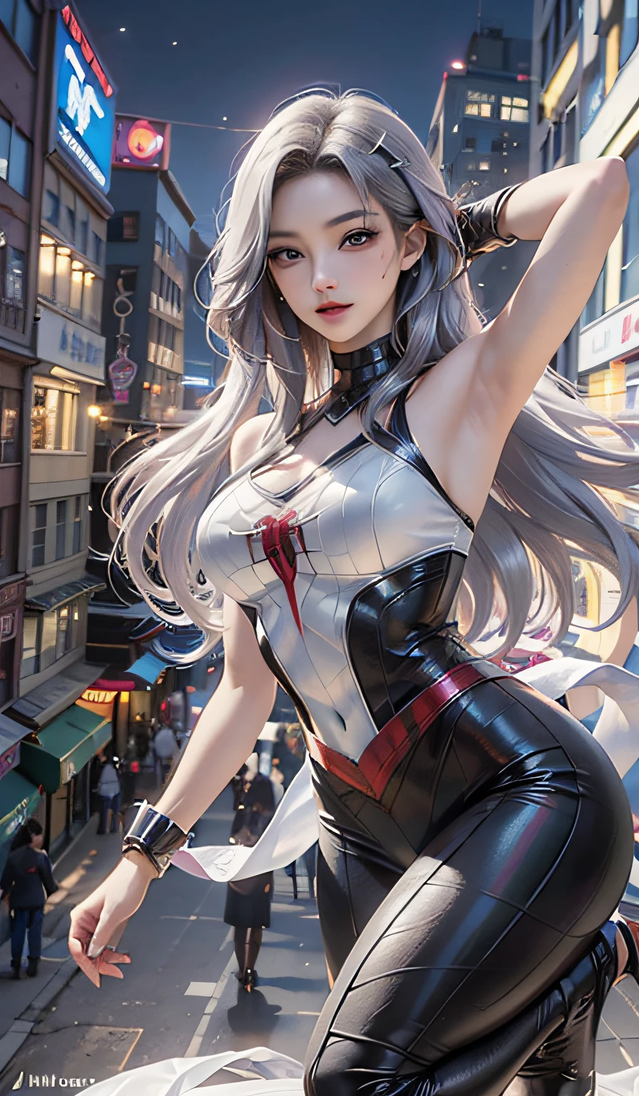 （tmasterpiece，4K分辨率，Ultra photo realsisim，The is very detailed），（White superhero theme，Glamorous，there's a girl on top of town，wearing Spider-Man costume，she is a superhero），[（（18yr old），（Long gray hair：1.2），full bodyesbian，（eBlue eyes：1.2），（（Spider-Man pose），Show power，jump from one building to another），（（sandy urban environment）：0.8）|（view over city，the night，dynamic lights），（moon full））] # illustrated：The Prompt mainly describes a 4K painting of ultra-high definition，Very realistic，The is very detailed。It showcases superheroines at the top of the city，wearing Spider-Man costume。The subject in the painting is a white superhero theme，The heroine has long white hair，The entire figure is shown in the painting。In terms of depicting the actions of superheroines，