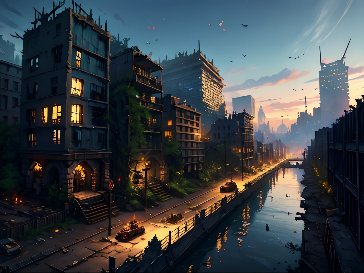 city ruins，Warcraft invasion，The destruction scene is real and vivid。