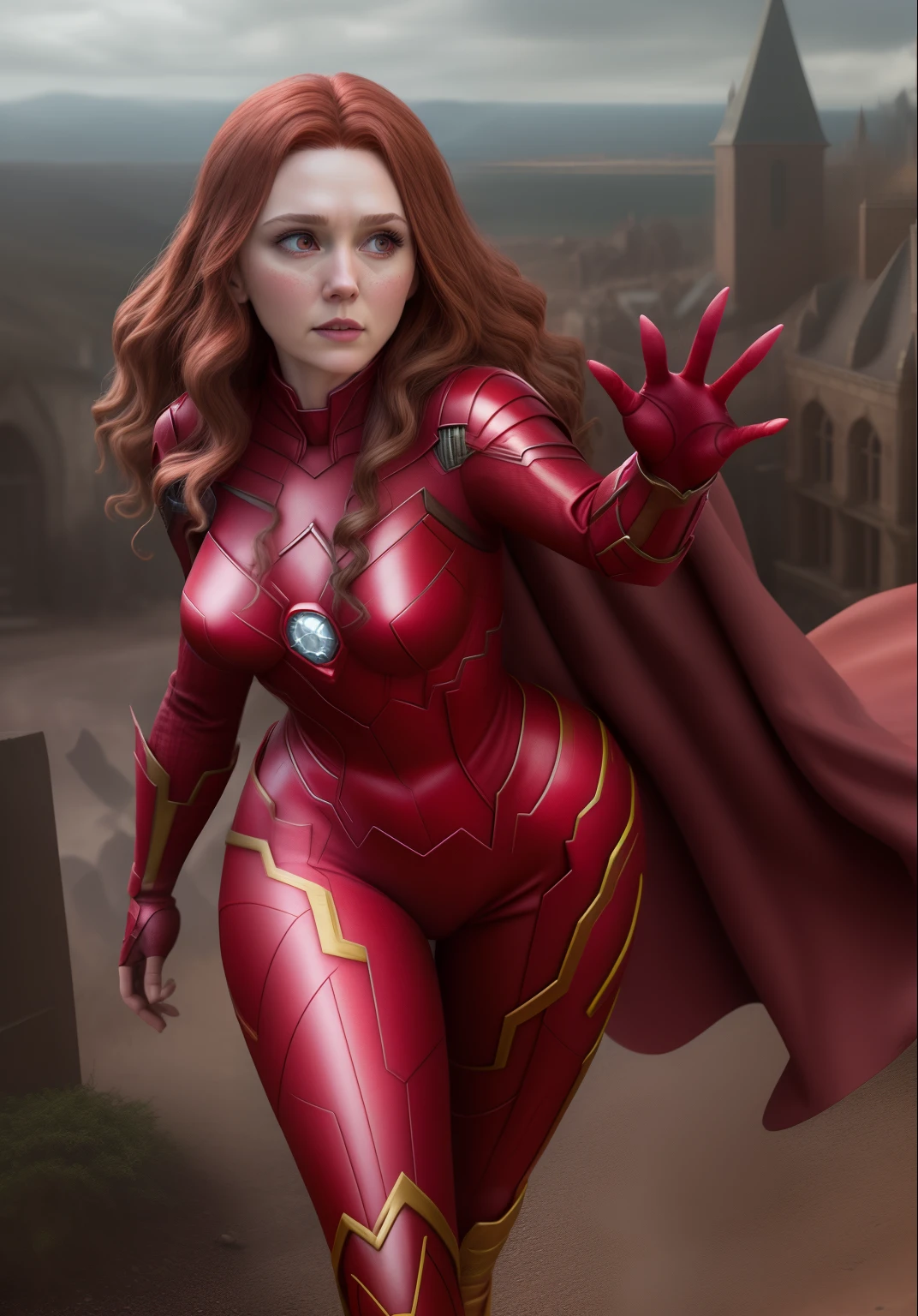 Wanda, Scarlet Witch, Marvel, War Scenery, HDR, Super Realistic, Hyper Realistic, Hyper Detailed, Highly Detailed, 4k, 8k, DSLR, Photo, Photo Realistic, Full Length, Centered