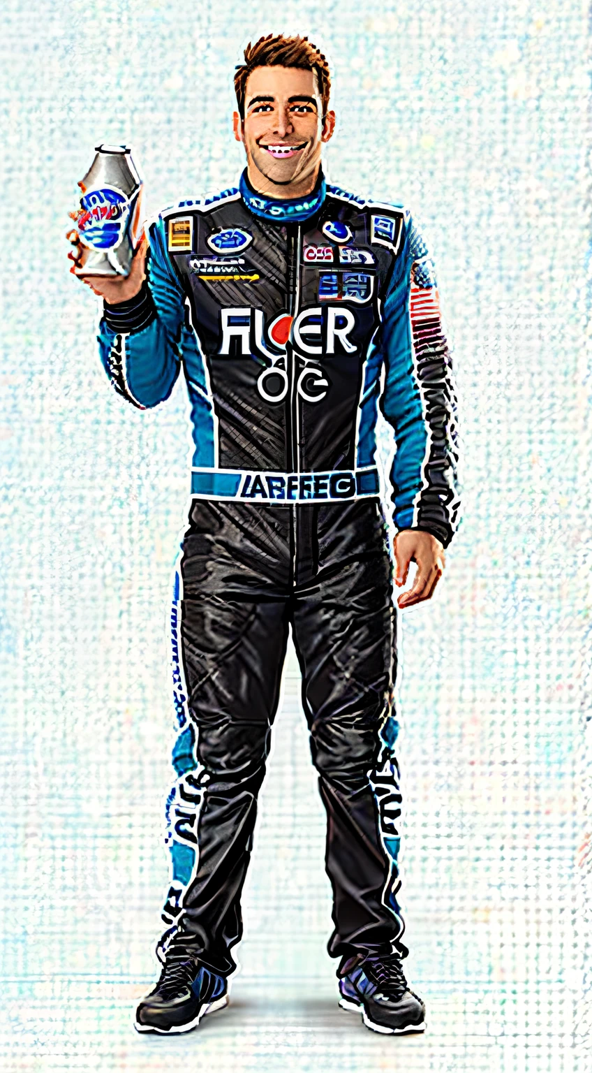 The Arafed man in a racing suit holds a can of soda, full body shot of, full body shot of, full body shot of, full body with costume, full body photo of steve, fully body photo, full body shot of, small, full body shot shot, full body wide shot, Tech flight suits, Costume with blue accents, hero shot