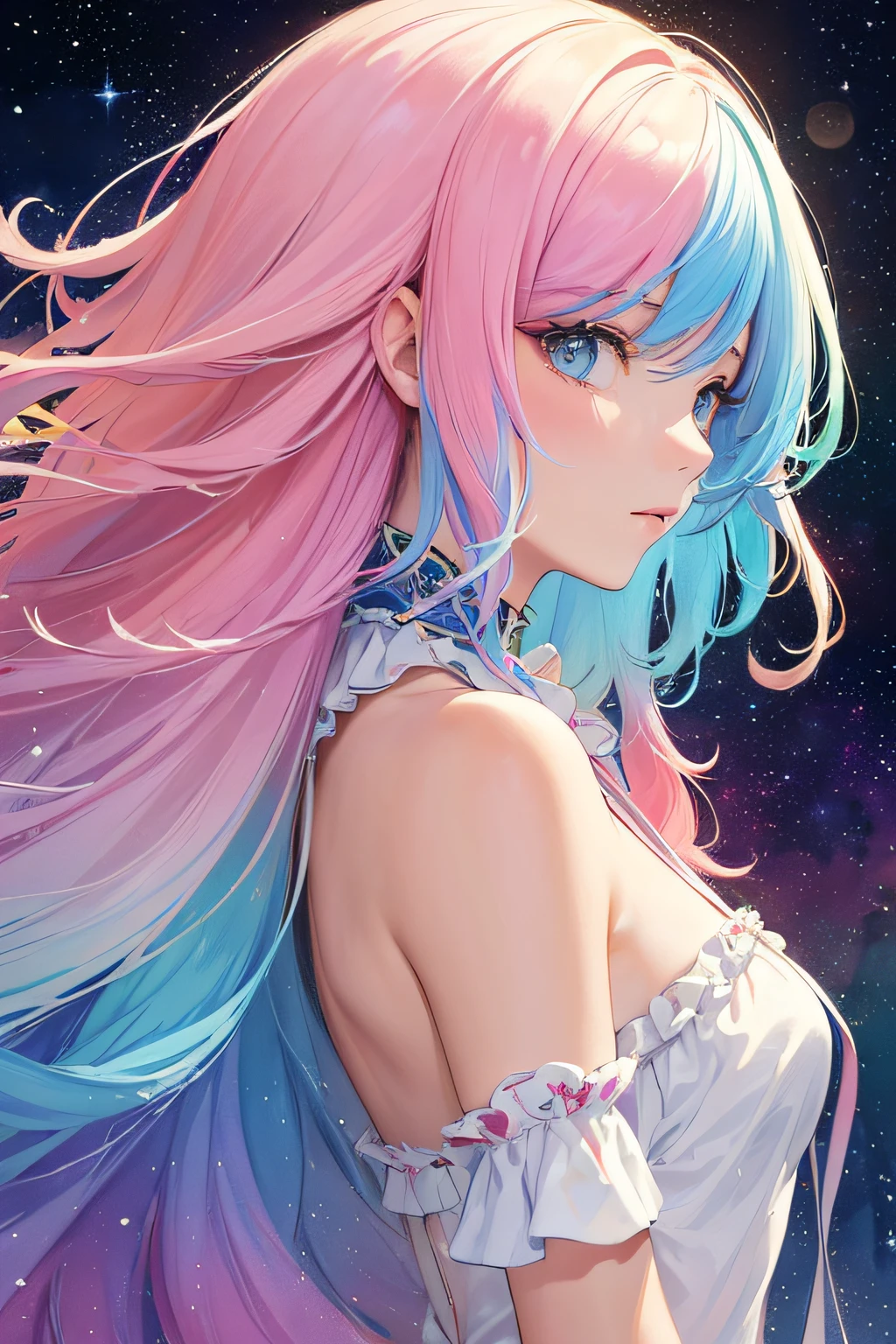 (masterpiece, top quality, best quality,watercolor (medium),official art, beautiful and aesthetic:1.2),(1girl:1.3), (fractal art:1.3),upper body, from side, looking at viewer,patterns,(rainbow color Hair,colorful hair,half blue and half pink hair:1.2),water,liquid, cloud,colorful, starry,stars,