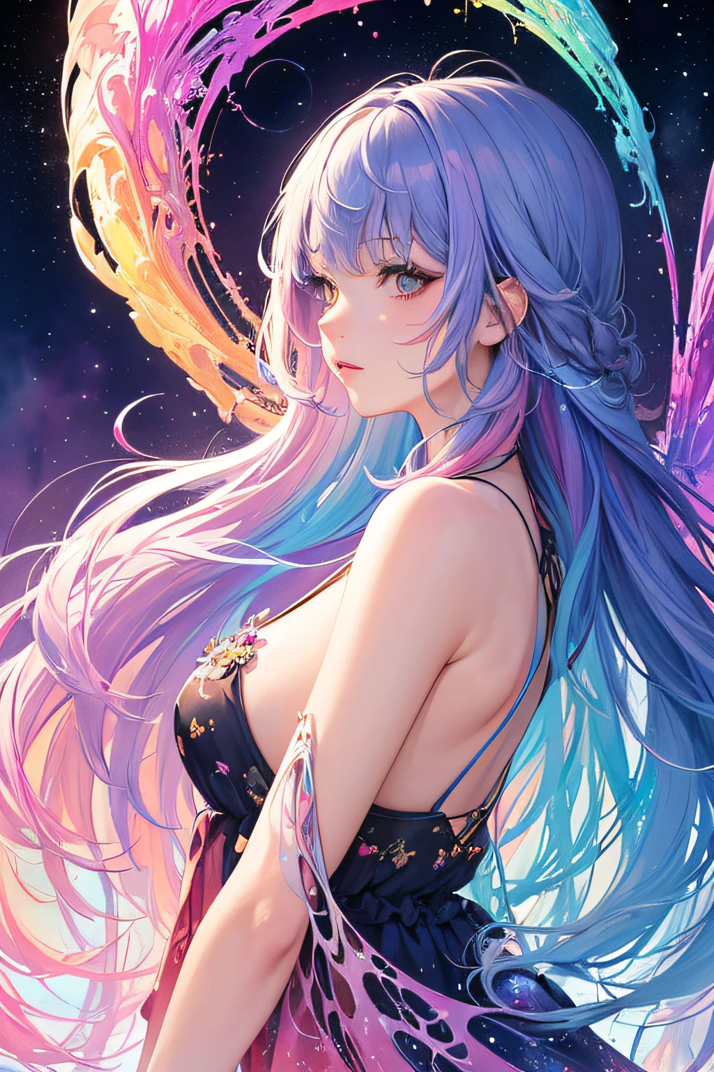 (masterpiece, top quality, best quality,watercolor (medium),official art, beautiful and aesthetic:1.2),(1girl:1.3), (fractal art:1.3),upper body, from side, looking at viewer,patterns,(rainbow color Hair,colorful hair,half blue and half pink hair:1.2),water,liquid, cloud,colorful, starry,stars,