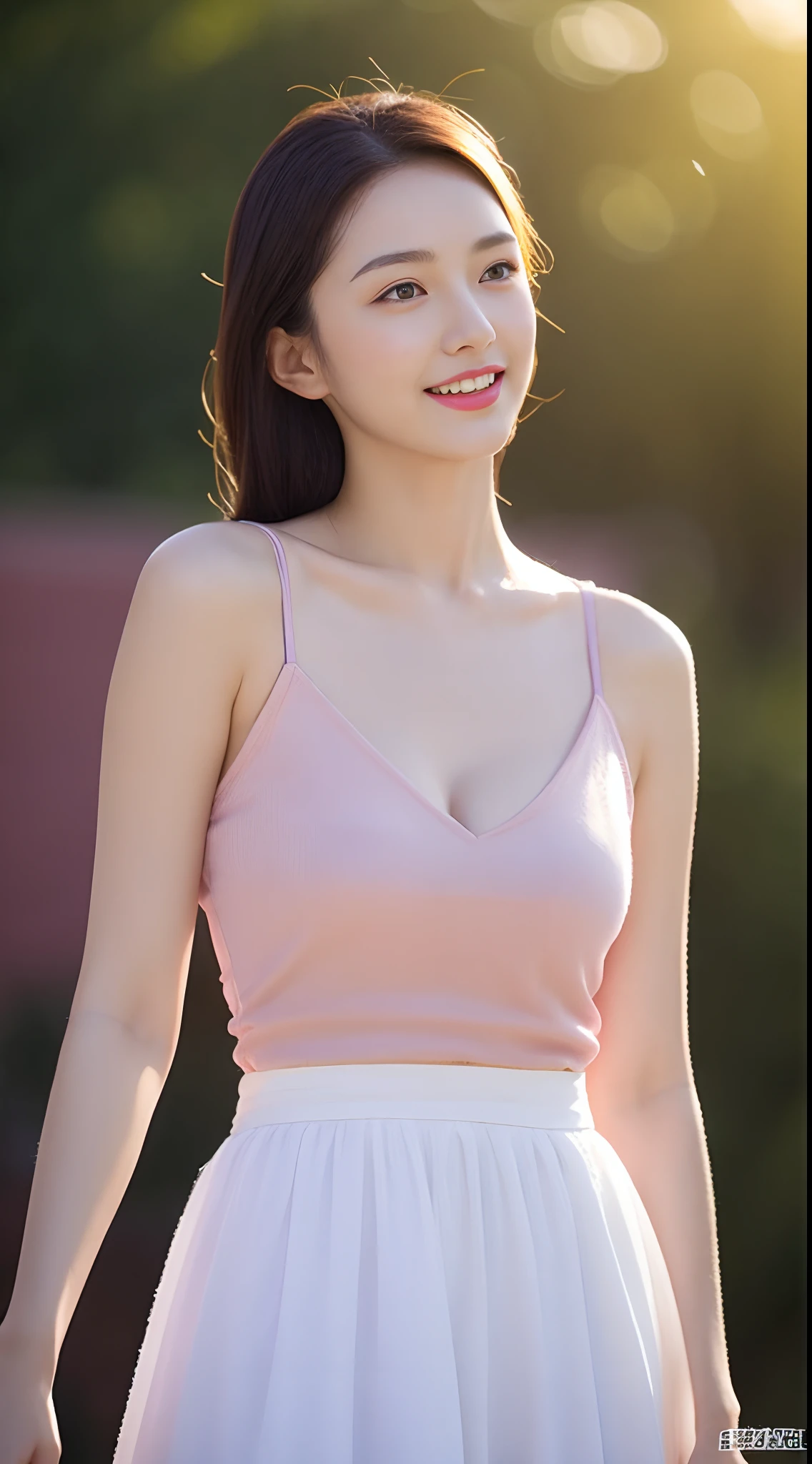 This beauty has a beautiful face,Sharply defined,Delicate facial features,Bright eyes,The slender eyebrows curved upwards,The bridge of the nose is erected,The lips are red and the teeth are white,The appearance is outstanding。Her hair is long and smooth,Black and shiny as silk,Falls to the waist,It exudes a faint fragrance。She is tall and well-proportioned,Curvy,The slender legs and slim waist exude an alluring beauty。She wore a white dress,It brings out that her skin is fairer,The skirt fluttered slightly,Like a fairy。Her temperament is elegant and noble,Gentle manners,People are involuntarily attracted to her。Her confident and gentle smile,Let people feel the beauty and warmth of her heart。This beauty is both in appearance and temperament,They are all beautiful women that people can't forget。 A high resolution:1.3), Super fine face and eyes,Wearing necklaces and earrings,Hit in a random pose,beautiful purple sunset at beach,strong rimlight, middlebreast,Anatomically normal,Glow particle effect,