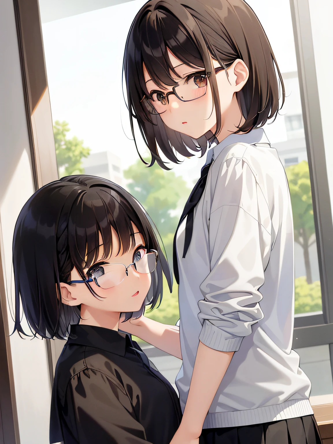 (masterpiece、best qualtiy、twogirls、a junior high school student、A dark-haired、short-hair、straight haired、Light brown eyes、hair adornments、wearing black glasses、cute face)、student clothes、embracing each other、Kiss