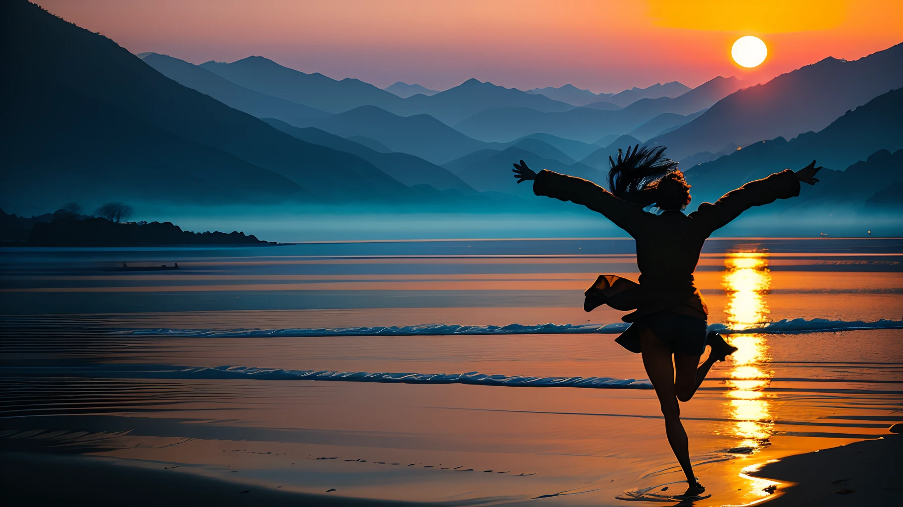 A person moving forward in the glow of the setting sun, radiating a warm and serene atmosphere. The vibrant hues of orange and gold paint the sky, creating a breathtaking backdrop for this picturesque moment. The person strides confidently, their silhouette gracefully outlined against the vivid sky. As they move, their energy seems to blend harmoniously with the tranquil surroundings, embodying determination and a sense of purpose. The camera captures this scene with a wide-angle lens, capturing the expansive beauty of the landscape ahead. The soft golden light illuminates every detail, casting long shadows that dance along the path. This photograph, taken during the golden hour, showcases a perfect balance between light and shadows, evoking a feeling of tranquility and hope. The film used adds a touch of nostalgia, giving the image a timeless quality, reminiscent of classic photographs from bygone eras.