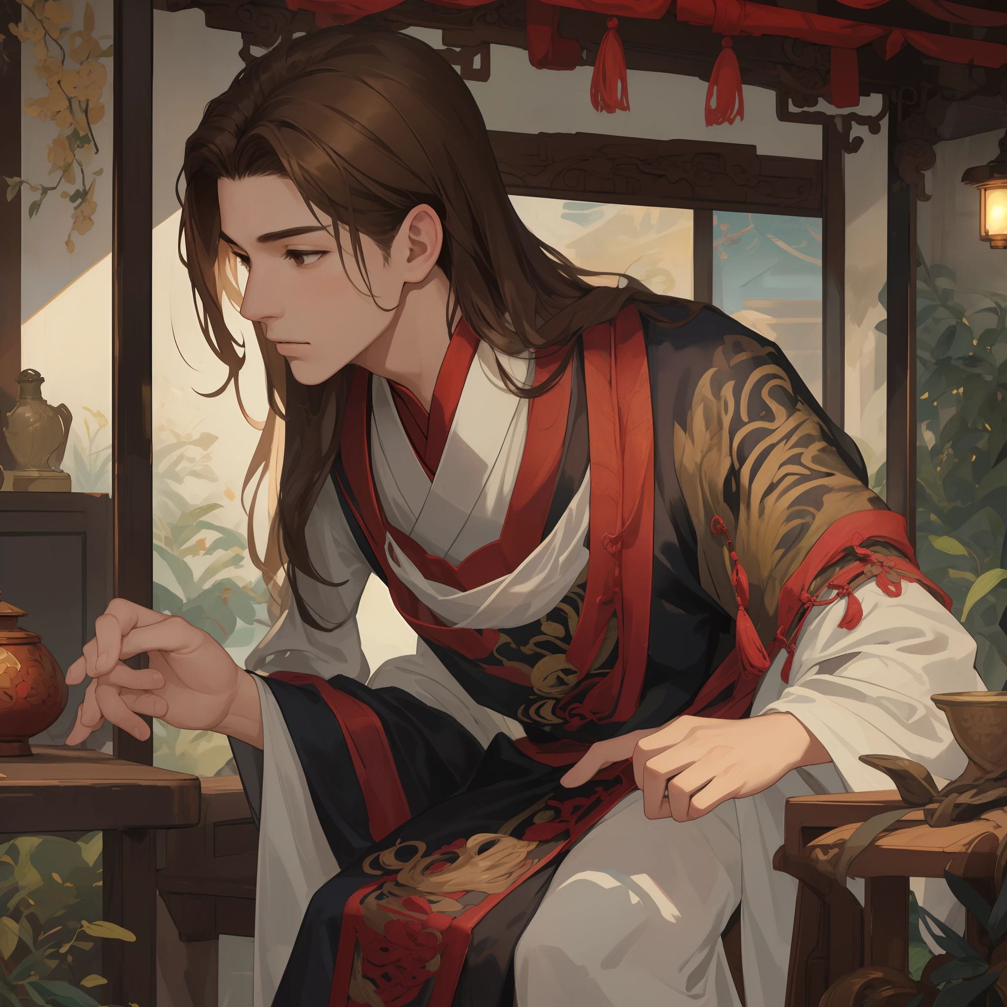 NSFW, master-piece, bestquality, ultra-detail, Semi-realistic, Detailed facial features, a boy, Light brown hair, long-haired, Dark brown eyes, Wear detailed and intricate Xianxia antique clothing