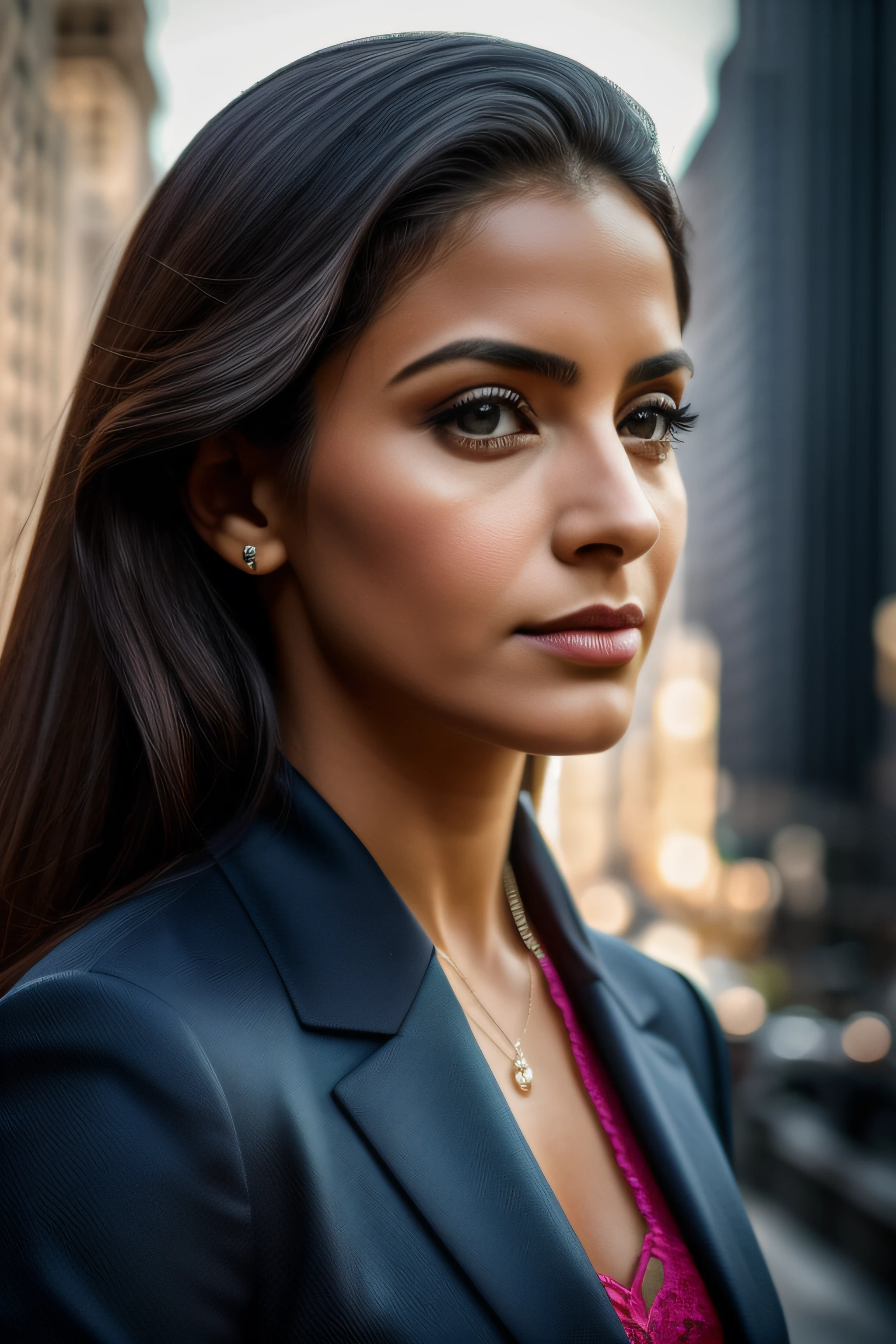 1 mulher linda, 50 anos de idade, seios muito pequenos, recatada, carrancuda, Serious, closed button-down shirt, elegante, casaco elegante, blazer sofisticado, olhos penetrantes e intensos PARA QUEM OLHA A FOTOGRAFIA, 8k, qualidade impressionante, alta resolução, fotografia premiada, retrato, 1 mulher morena, (mulher bela, , Photogenic), blazer elegante, casaco elegante, cinto, (fundo em nova york), pele clara, dramatic light, foco nítido, good aesthetic, highes definition, altamente detalhado, cores neutras: 1,2), (HDR: 1,4) , hiperdetalhado, cinemactic, luzes quentes, canon, Canon EOS 5D Marca IV, 8k, Ultra HD, DSLR. 1 mulher