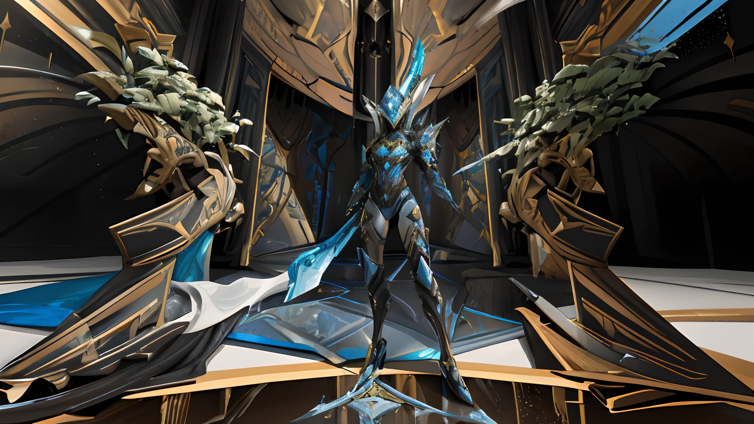 Close-up of a person standing in a room with statues, detailed warframe, of a beautiful female warframe, warframe armor, battle armor, of a beautiful saryn warframe, thick warframe legs, warframe infested art, warframe armor!!, thick smooth warframe legs, sliver ice color reflected armor, warframe art