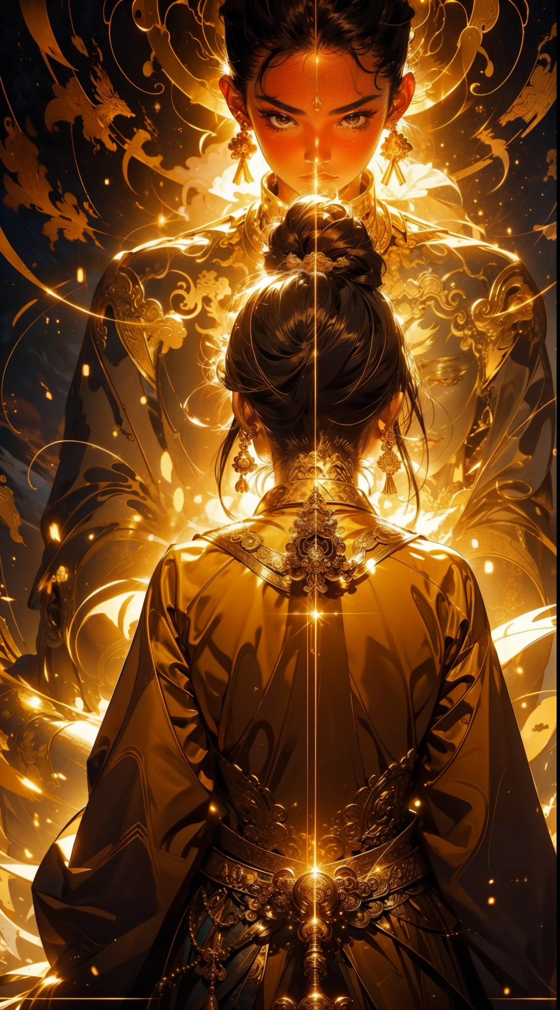 tmasterpiece,The back of a young girl,Behind the girl was a golden glowing Dao Qi,Gorgeous and mysterious,