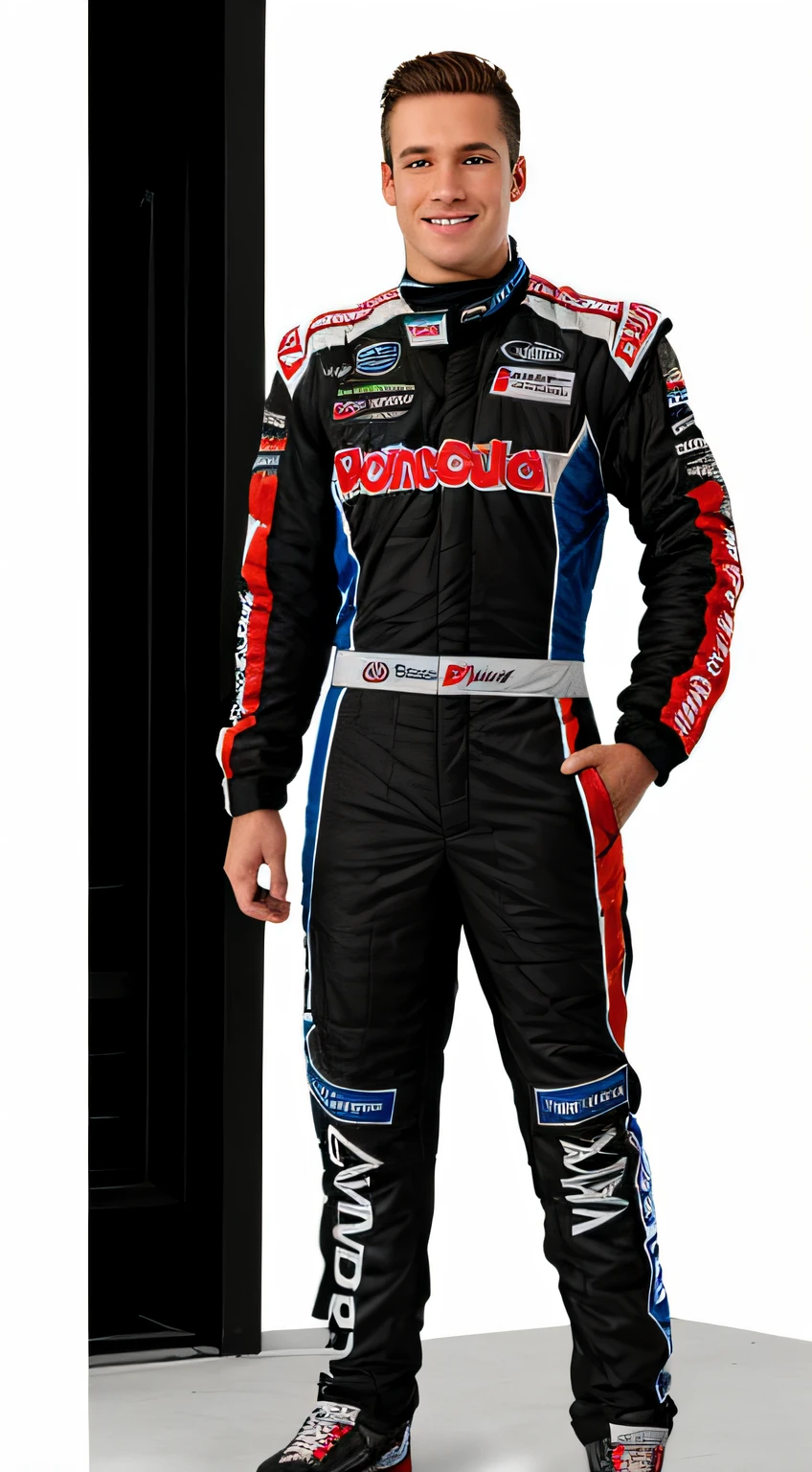 Handsome man in racing suit holding a can of motor oil, full body shot of, full body shot of, full body shot of, Full body photo of handsome racing driver, full body with costume, full body shot of, fully body photo, full body shot shot, full body wide shot, Car racing suit, Blue costume, Professional racing