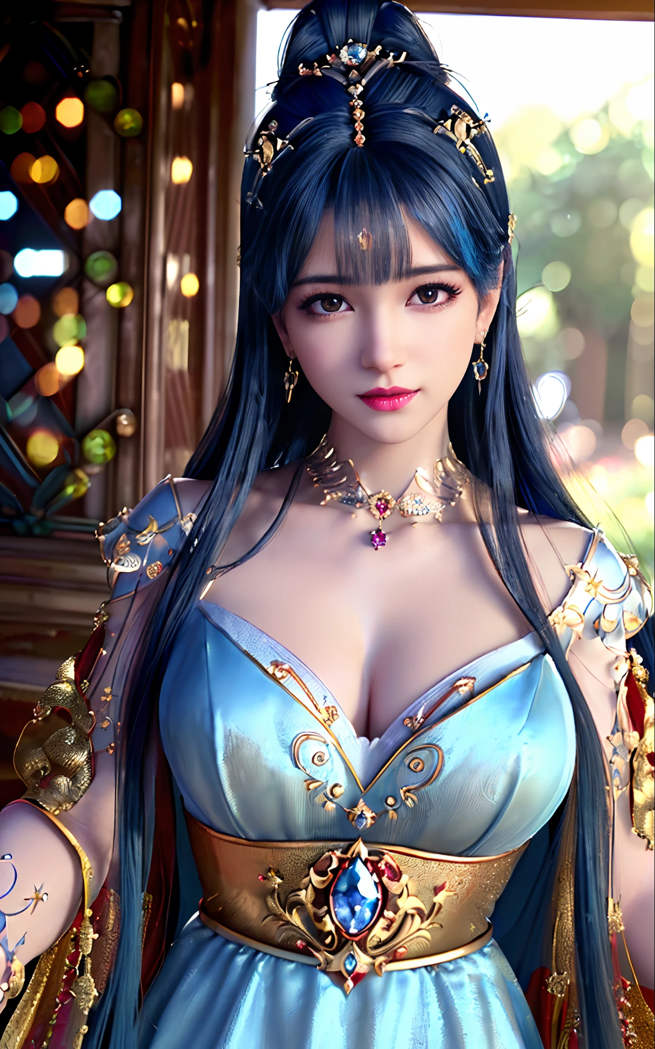 ((realisticity: 1.2)), ((best resolution: 8K UHD)), best quality,masterpiece,highres,cg,
((1 super detailed and super realistic girl)), ((very beautiful queen dazzling, super realistic, and super detailed)),((white skin, beautiful, smooth, youthful, super realistic and super detailed
)), long hair, ((super realistic and super detailed dress)), solo, ((super realistic, super beautiful, gorgeous and super detailed jewelry)), ((super beautiful, super realistic and super detailed dark red and golden yellow dress)),
((super beautiful, super realistic, super detailed diamond filled earrings)),
((super beautiful, super realistic and super detailed diamond filled hair ornament)), ((super beautiful upper body, super beautiful, super realistic and super detailed)), ((big breasts: 2.5)),
((super grand, super realistic and super detailed royal palace backgroun))
((super beautiful, super beautiful, super realistic and super detailed hair bun)), ((super beautiful, super realistic and super detailed blue hair)),
candid, Photograph, high resolution, 8k,Bokeh,
