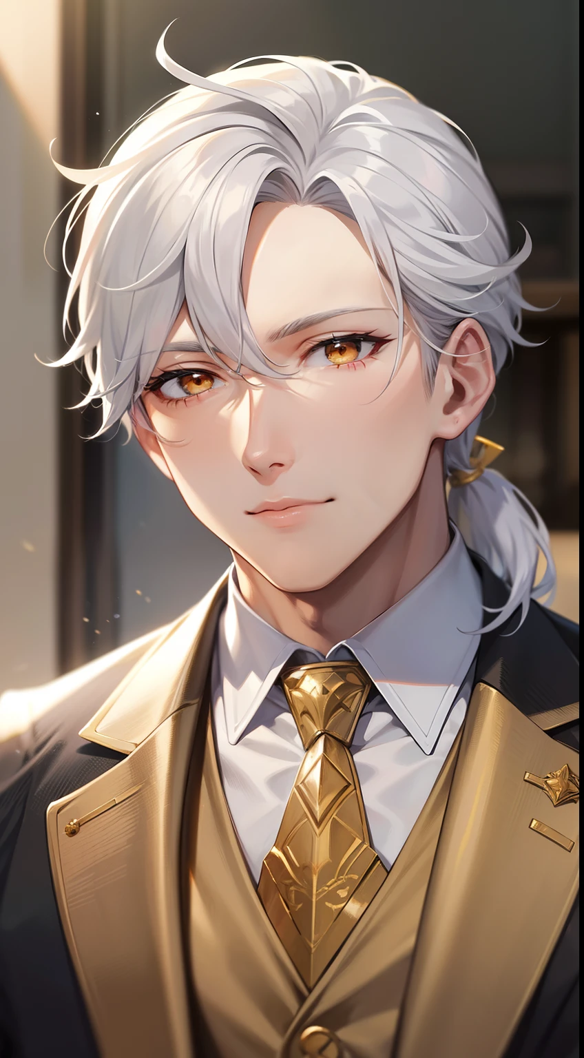 Grown-up guy, white colored hair, high ponytail, golden eyes, white suit with gold elements, Masterpiece, hiquality